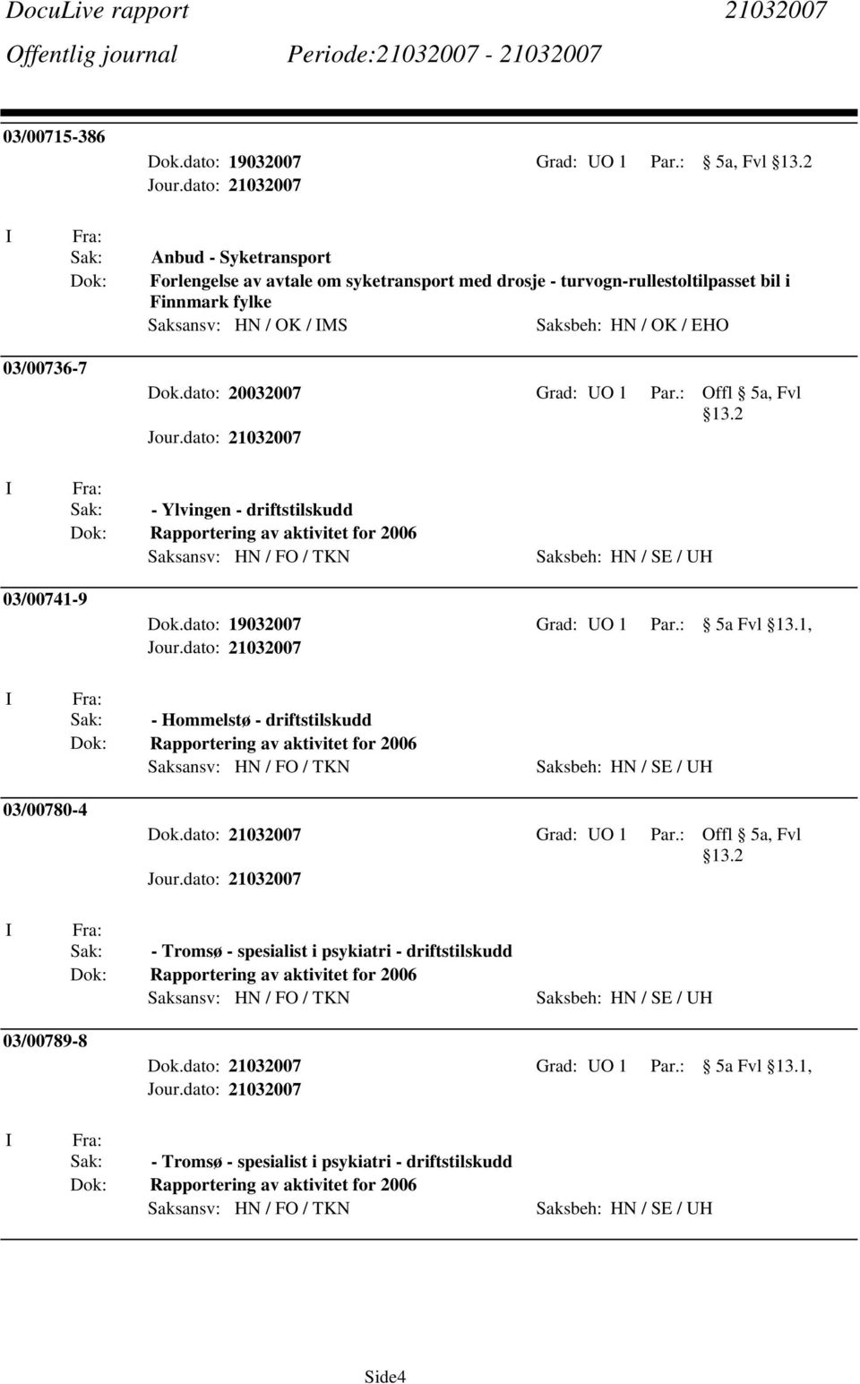 / OK / EHO 03/00736-7 Dok.dato: 20032007 Grad: UO 1 Par.: Offl 5a, Fvl 13.2 Sak: - Ylvingen - driftstilskudd 03/00741-9 Dok.dato: 19032007 Grad: UO 1 Par.: 5a Fvl 13.