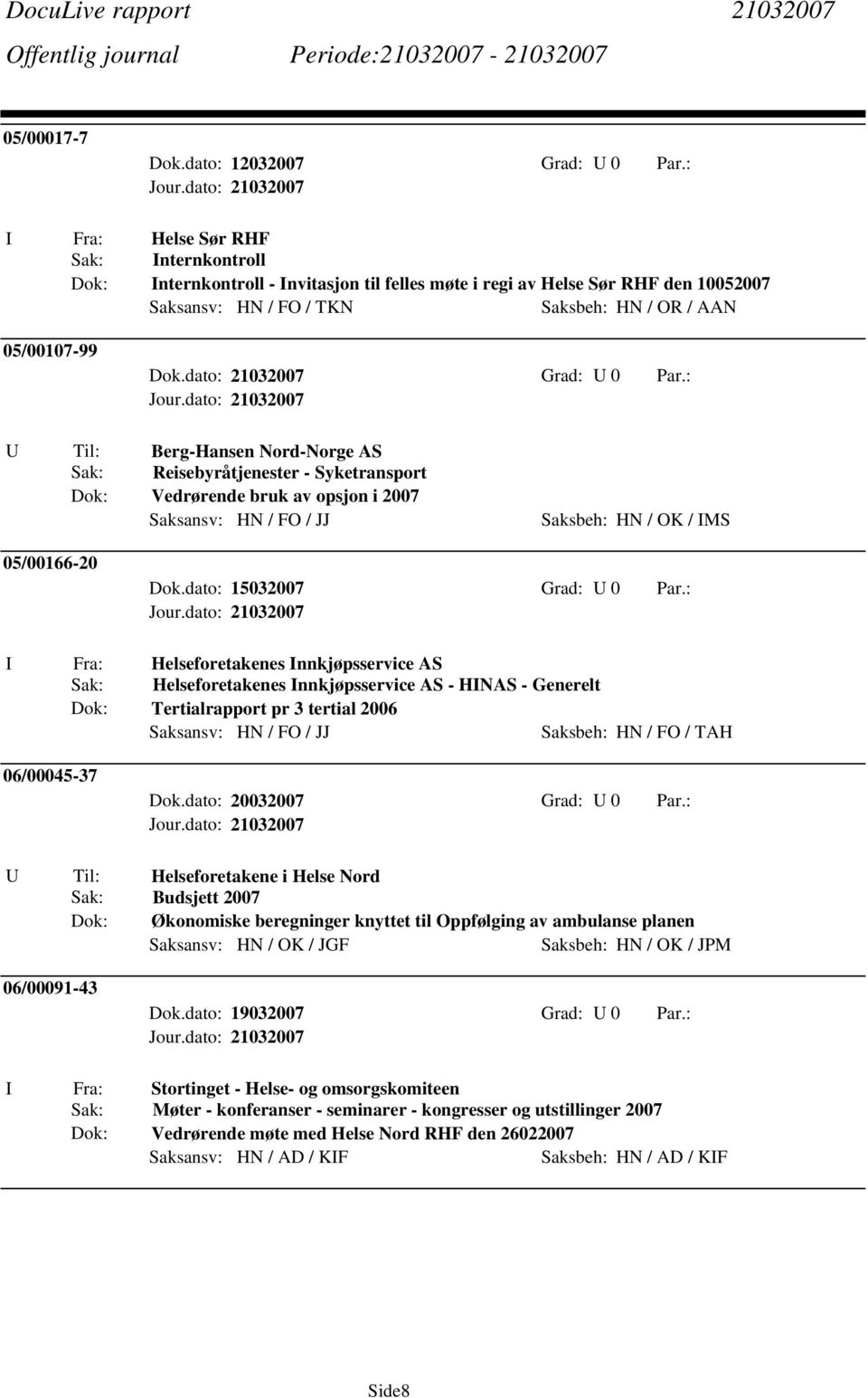 : U Til: Berg-Hansen Nord-Norge AS Sak: Reisebyråtjenester - Syketransport Dok: Vedrørende bruk av opsjon i 2007 Saksansv: HN / FO / JJ Saksbeh: HN / OK / MS 05/00166-20 Dok.