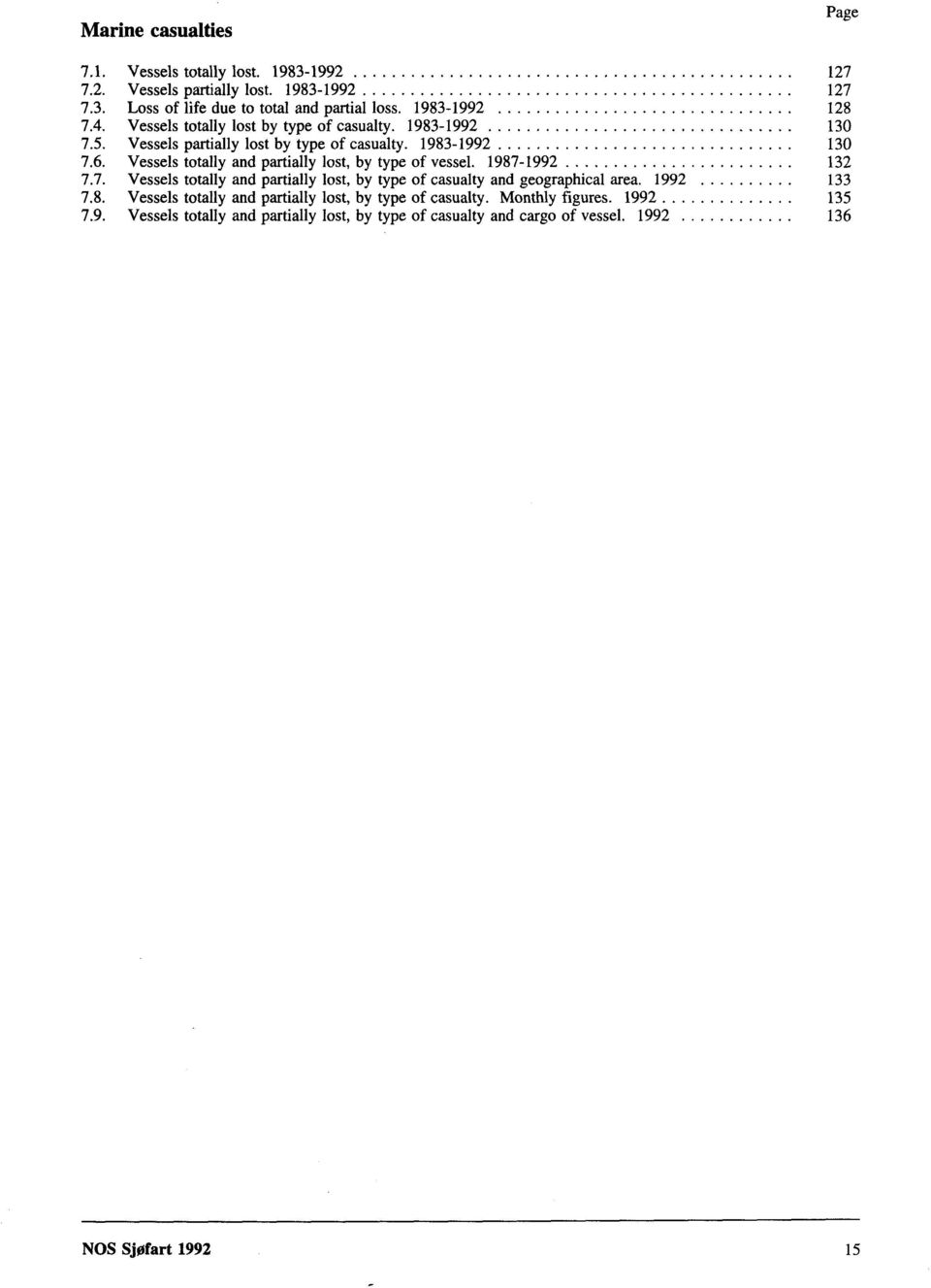 Vessels totally and partially lost, by type of vessel. 1987-1992 132 7.7. Vessels totally and partially lost, by type of casualty and geographical area. 1992 133 7.