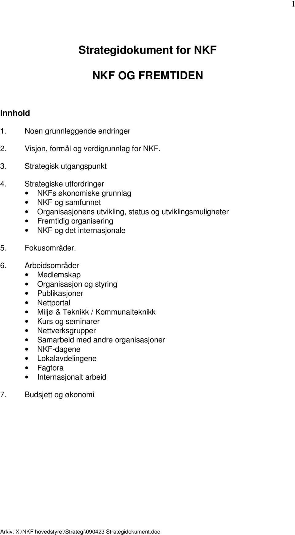 Strategiske utfordringer NKFs økonomiske grunnlag NKF og samfunnet Organisasjonens utvikling, status og utviklingsmuligheter Fremtidig organisering NKF