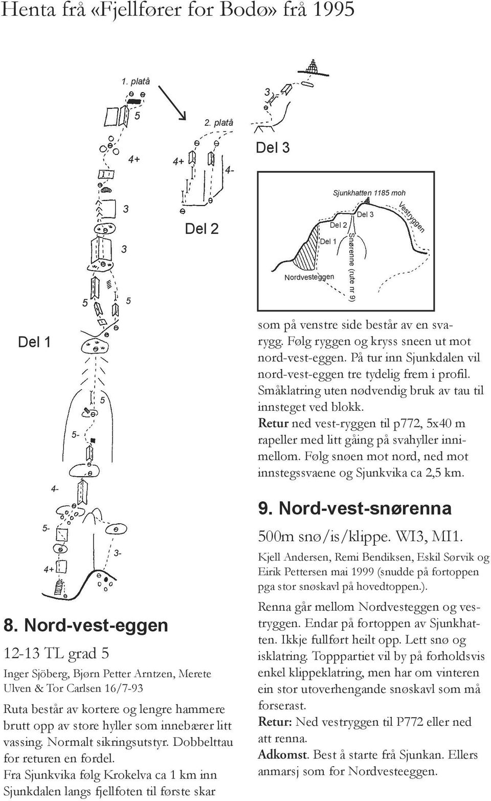 vassing. Normalt sikringsutstyr. Dobbelttau for returen en fordel. Fra Sjunkvika følg Krokelva ca 1 km inn Sjunkdalen langs fjellfoten til første skar 5 som på venstre side består av en svarygg.