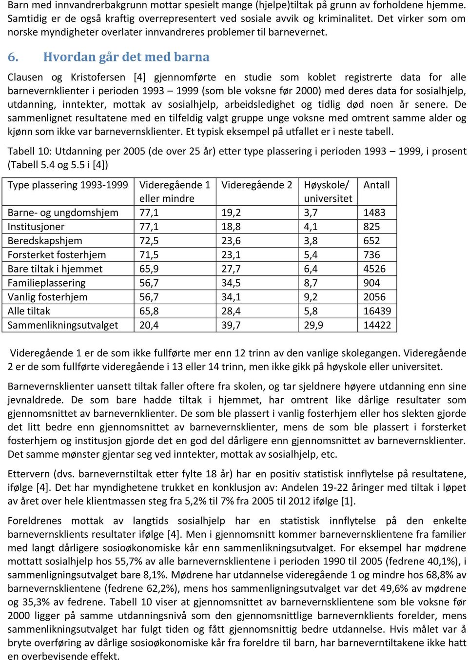 Hvordan går det med barna Clausen og Kristofersen [4] gjennomførte en studie som koblet registrerte data for alle barnevernklienter i perioden 1993 1999 (som ble voksne før 2000) med deres data for