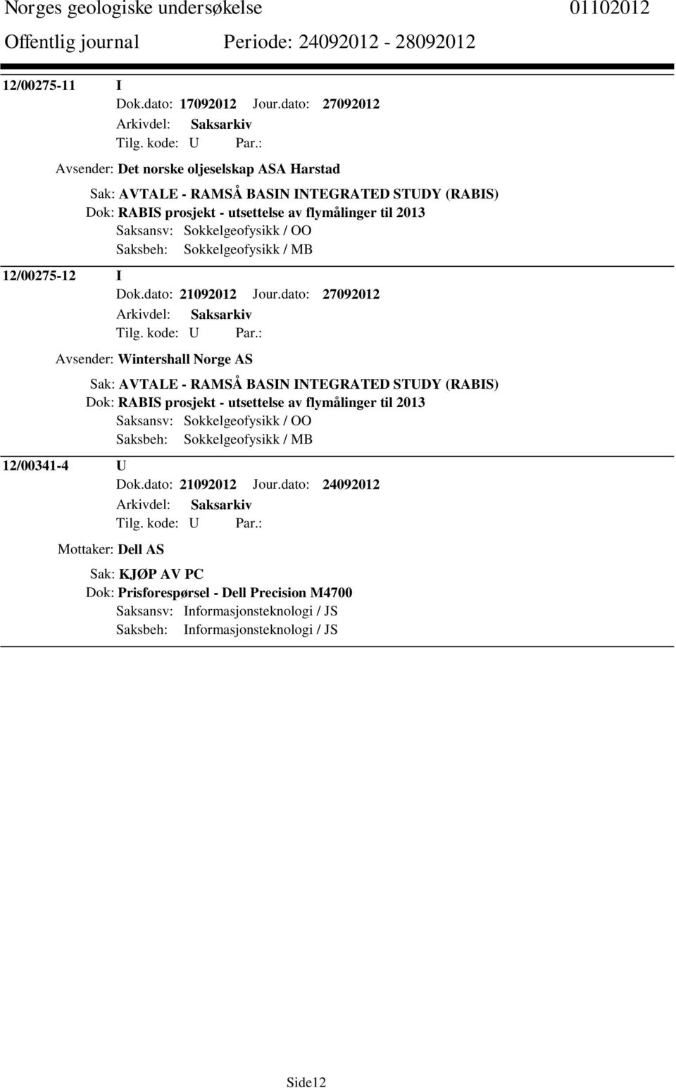 Sokkelgeofysikk / OO Saksbeh: Sokkelgeofysikk / MB 12/00275-12 I Dok.dato: 21092012 Jour.