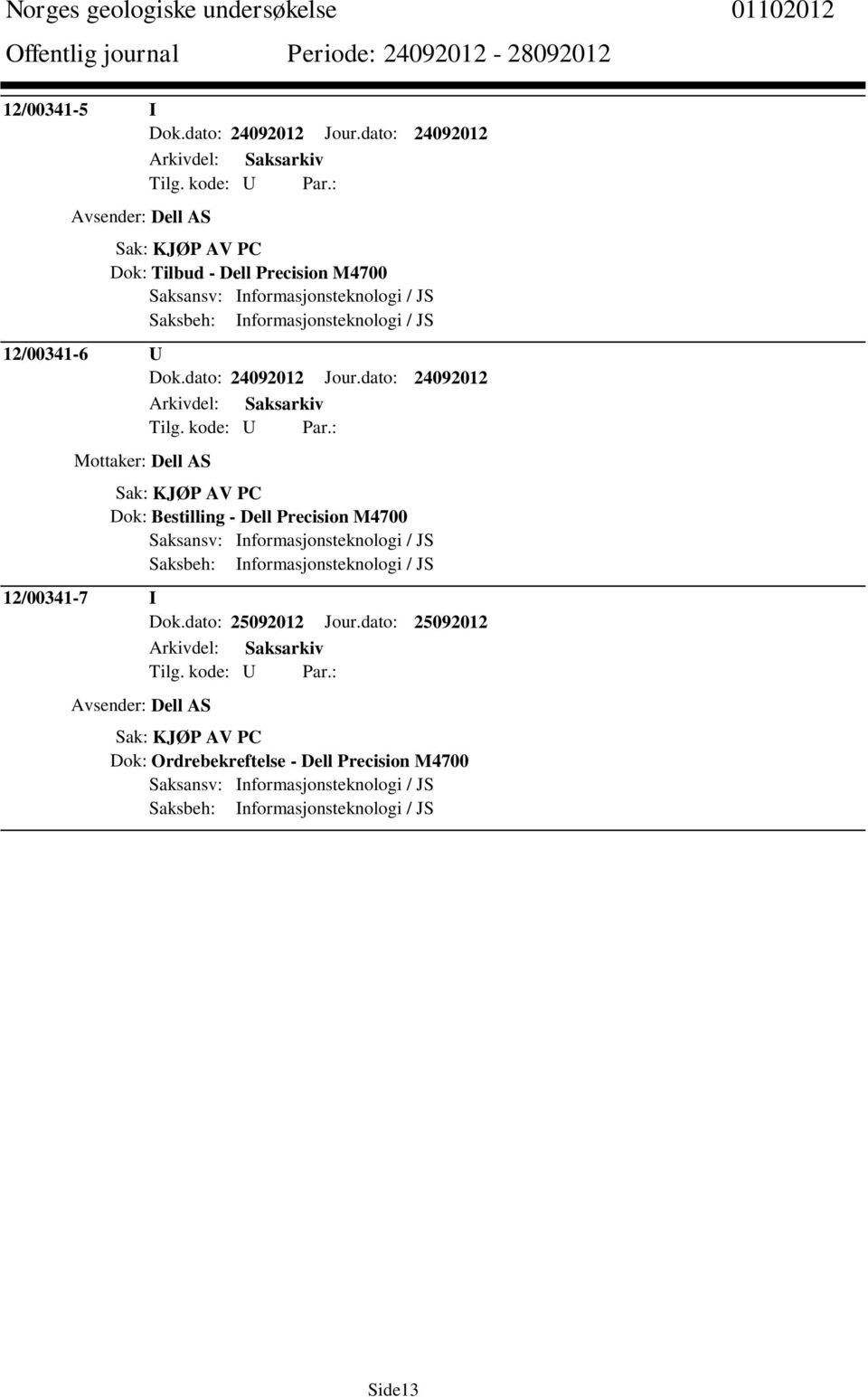 Informasjonsteknologi / JS 12/00341-6 U Dok.dato: 24092012 Jour.