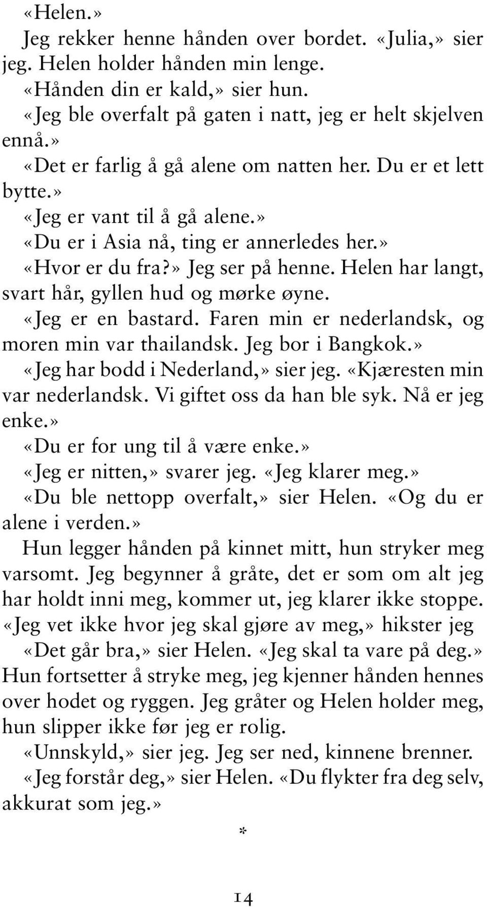 Helen har langt, svart hår, gyllen hud og mørke øyne. «Jeg er en bastard. Faren min er nederlandsk, og moren min var thailandsk. Jeg bor i Bangkok.» «Jeg har bodd i Nederland,» sier jeg.