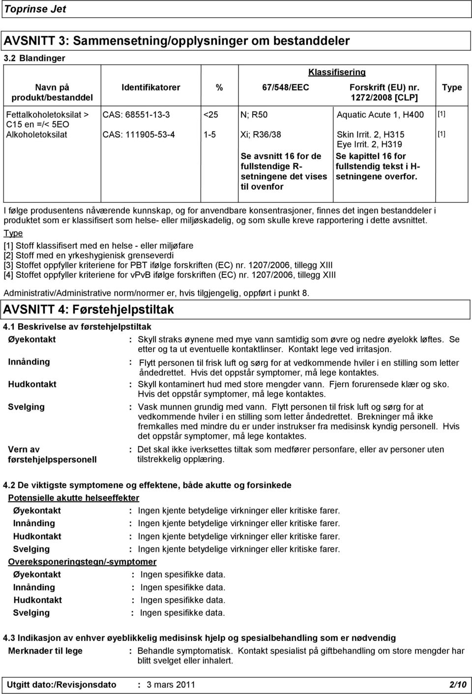 2, H319 Se avsnitt 16 for de fullstendige R- setningene det vises til ovenfor Se kapittel 16 for fullstendig tekst i H- setningene overfor.