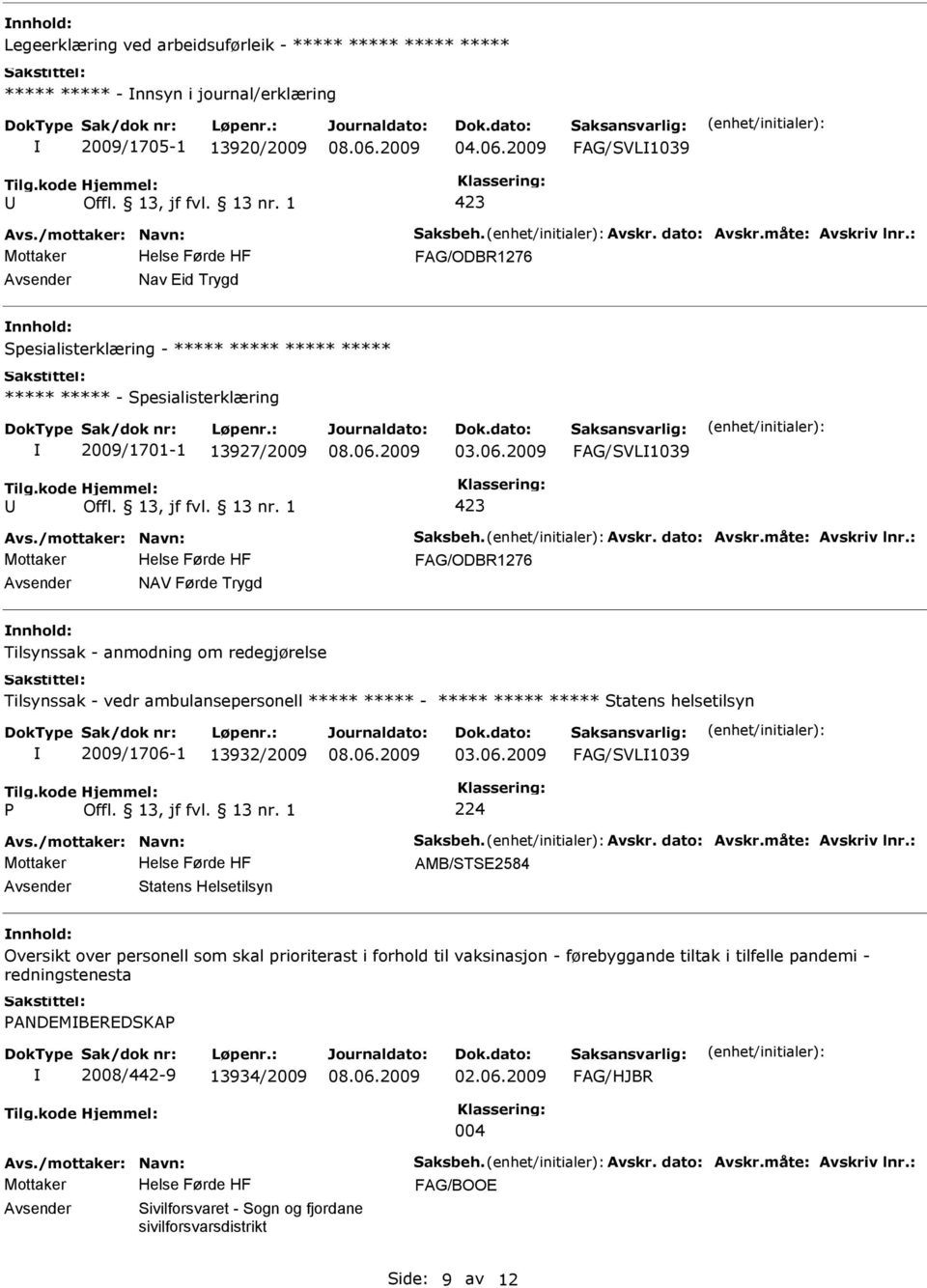 2009 FAG/SVL1039 Helse Førde HF NAV Førde Trygd Tilsynssak - anmodning om redegjørelse Tilsynssak - vedr ambulansepersonell - Statens helsetilsyn 2009/1706-