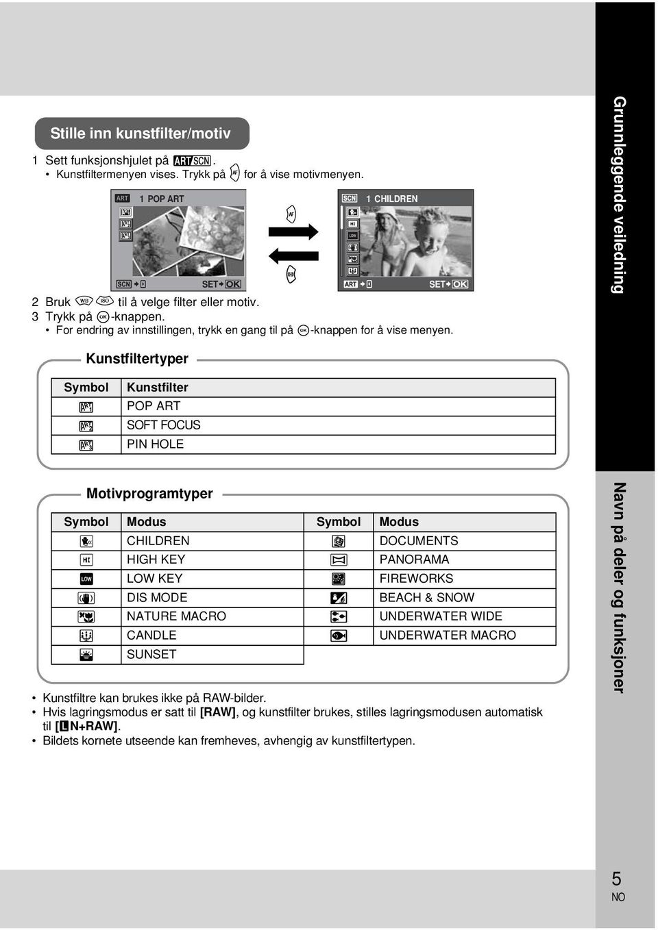 i h SET Grunnleggende veiledning Kunstfiltertyper Symbol j k l Kunstfilter POP ART SOFT FOCUS PIN HOLE Motivprogramtyper Symbol Modus Symbol Modus G CHILDREN @ DOCUMENTS H HIGH KEY s PARAMA I LOW KEY