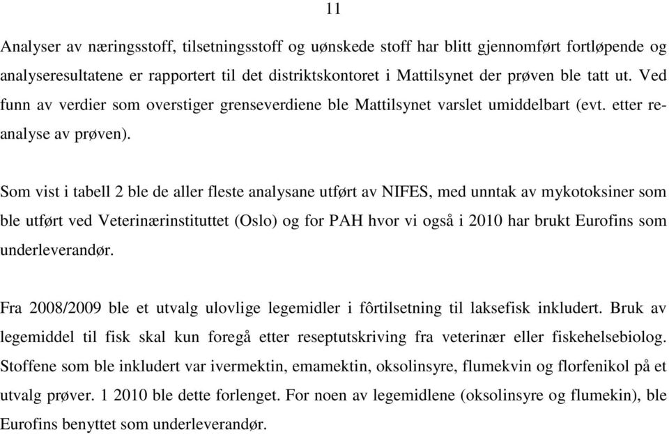 Som vist i tabell 2 ble de aller fleste analysane utført av NIFES, med unntak av mykotoksiner som ble utført ved Veterinærinstituttet (Oslo) og for PAH hvor vi også i 2010 har brukt Eurofins som