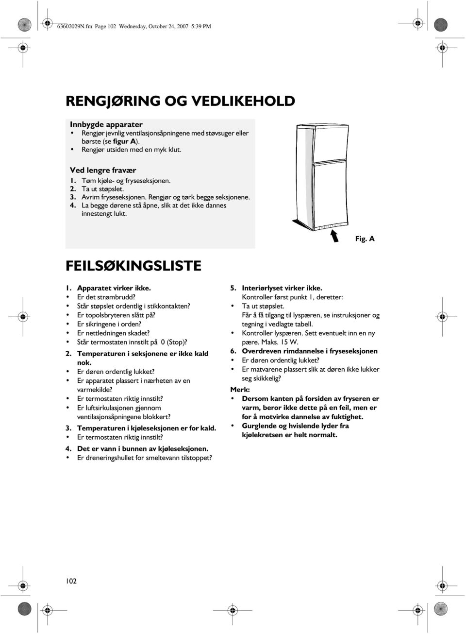 La begge dørene stå åpne, slik at det ikke dannes innestengt lukt. Fig. A FEILSØKINGSLISTE 1. Apparatet virker ikke. Er det strømbrudd? Står støpslet ordentlig i stikkontakten?