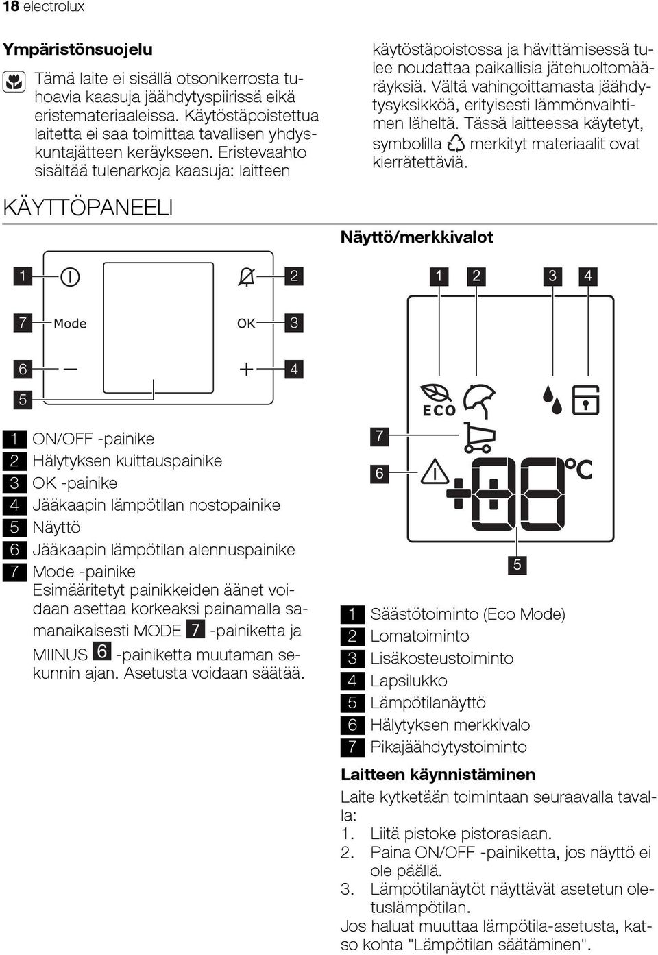 Eristevaahto sisältää tulenarkoja kaasuja: laitteen KÄYTTÖPANEELI käytöstäpoistossa ja hävittämisessä tulee noudattaa paikallisia jätehuoltomääräyksiä.