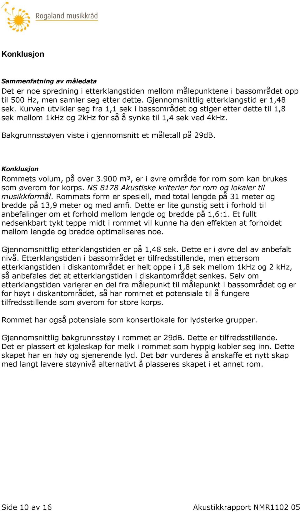 Konklusjon Rommets volum, på over 3.900 m³, er i øvre område for rom som kan brukes som øverom for korps. NS 8178 Akustiske kriterier for rom og lokaler til musikkformål.