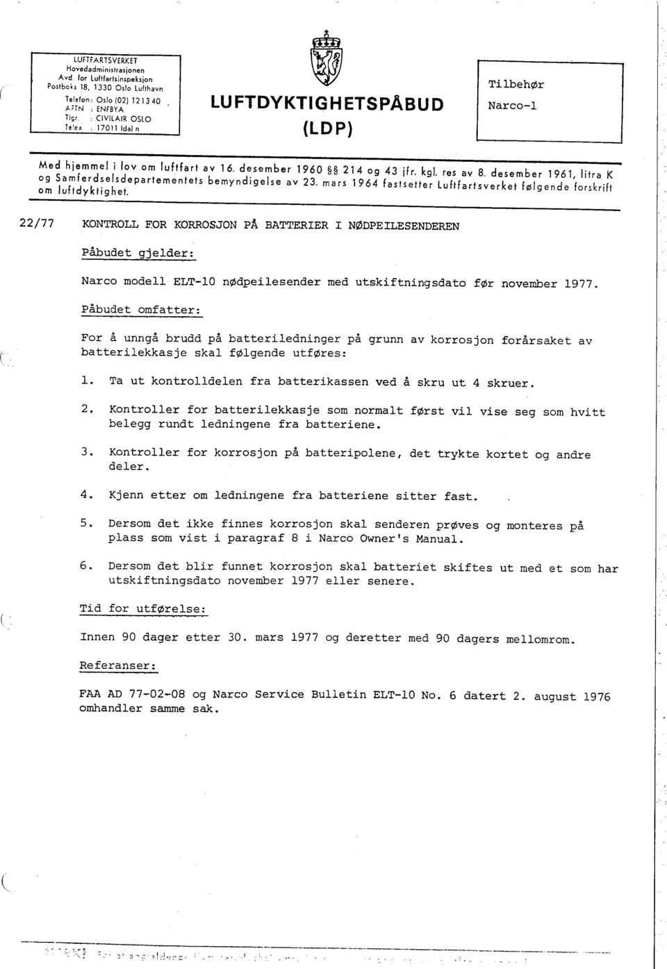 desember 1960 214 og 43 jfr. kgl. res av 8. desember 1961, litra K og Samferdselsdepartementets bemyndigelse av 23. mars 1964 fastsetter Luftfartsverket følgende forskrift om luftdyktighet.