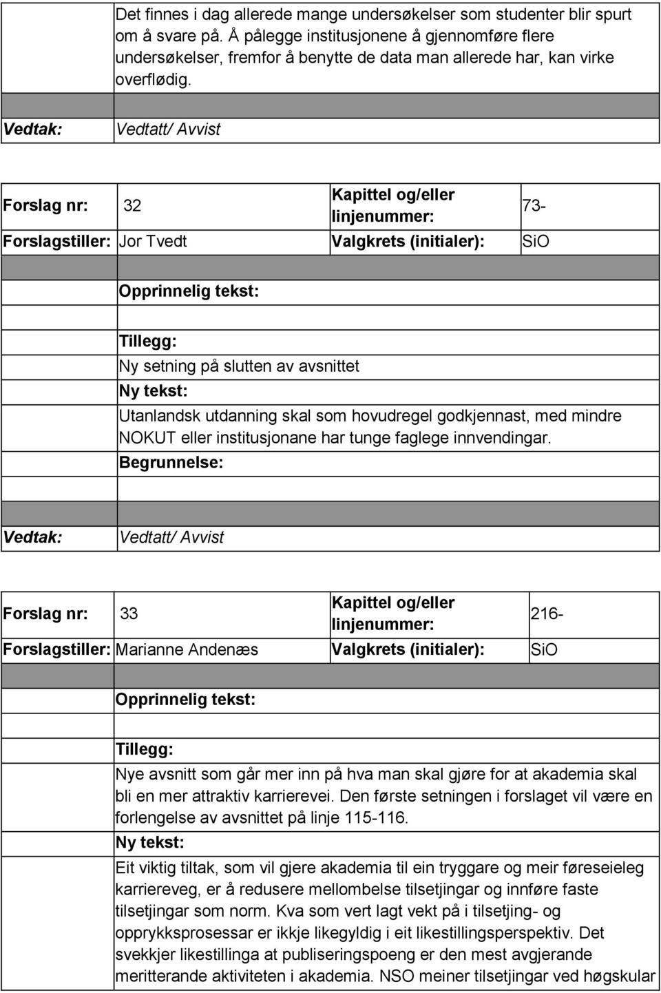 Forslag nr: 32 Forslagstiller: Jor Tvedt Valgkrets (initialer): SiO 73- Tillegg: Ny setning på slutten av avsnittet Utanlandsk utdanning skal som hovudregel godkjennast, med mindre NOKUT eller