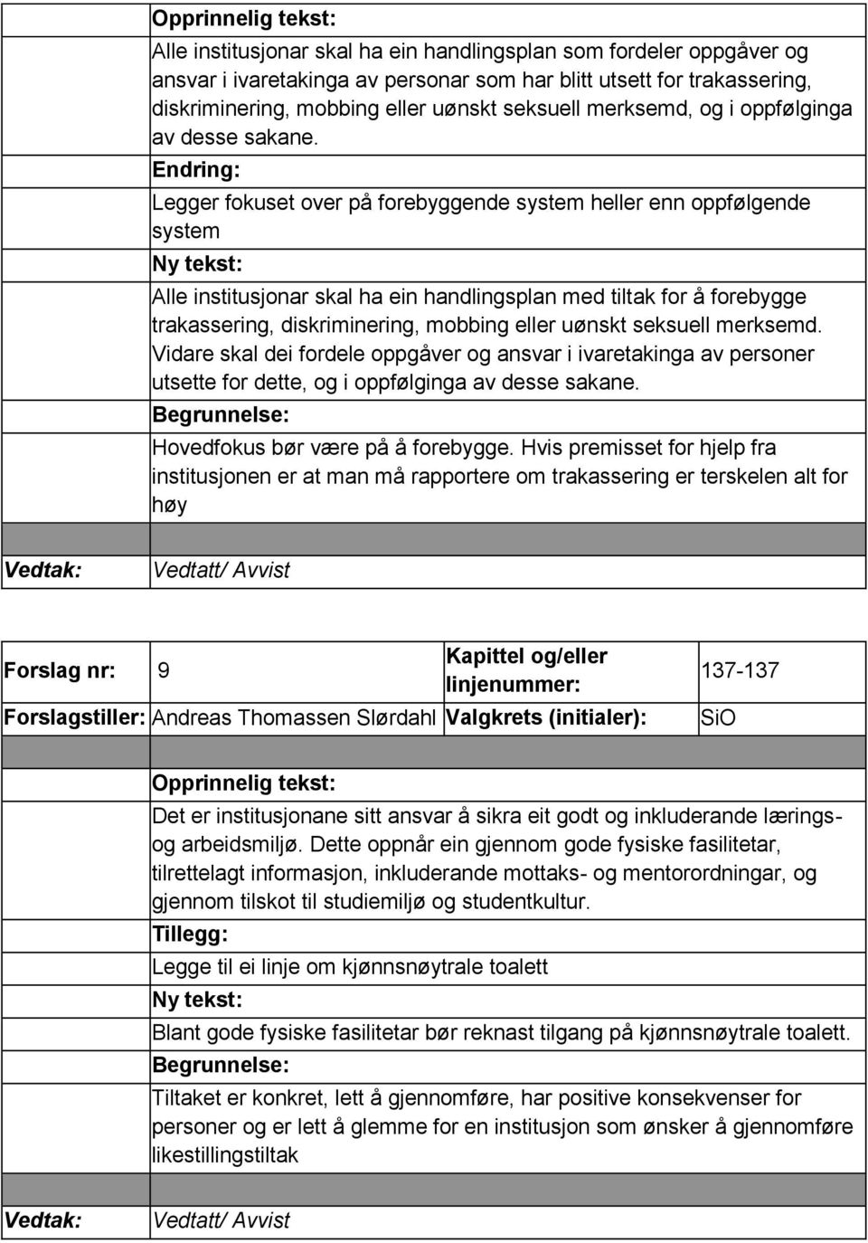 Legger fokuset over på forebyggende system heller enn oppfølgende system Alle institusjonar skal ha ein handlingsplan med tiltak for å forebygge trakassering, diskriminering, mobbing eller uønskt