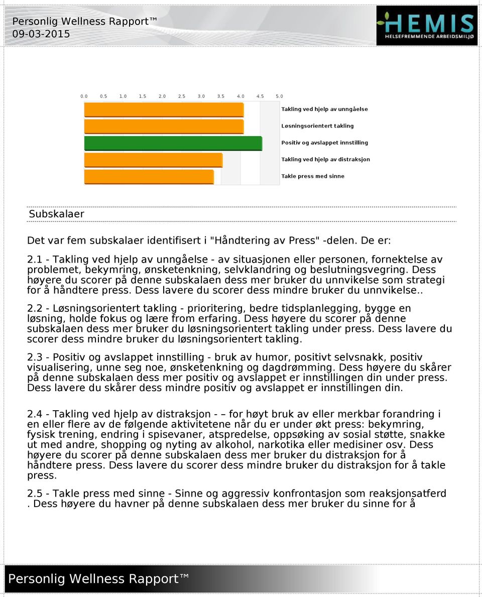 Dess høyere du scorer på denne subskalaen dess mer bruker du unnvikelse som strategi for å håndtere press. Dess lavere du scorer dess mindre bruker du unnvikelse.. 2.