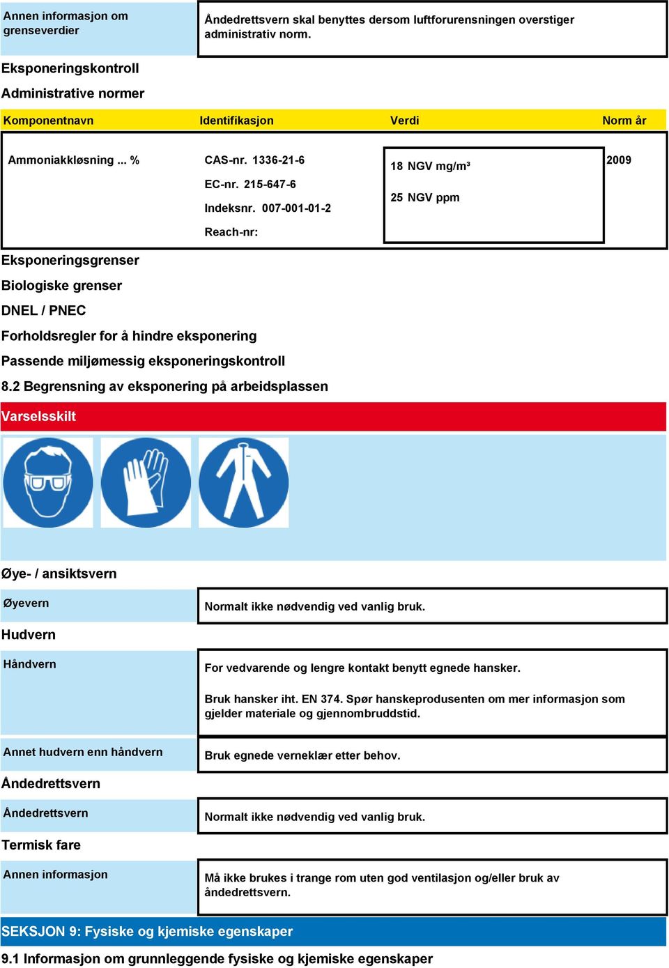 007-001-01-2 Reach-nr: Eksponeringsgrenser Biologiske grenser DNEL / PNEC Forholdsregler for å hindre eksponering Passende miljømessig eksponeringskontroll 8.