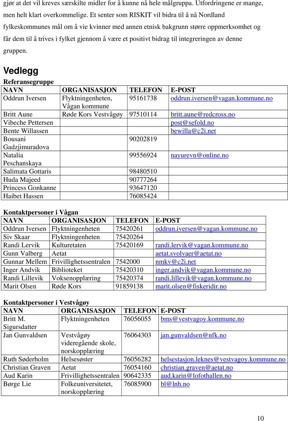 til integreringen av denne gruppen. Vedlegg Referansegruppe NAVN ORGANISASJON TELEFON E-POST Oddrun Iversen Flyktningenheten, 95161738 oddrun.iversen@vagan.kommune.