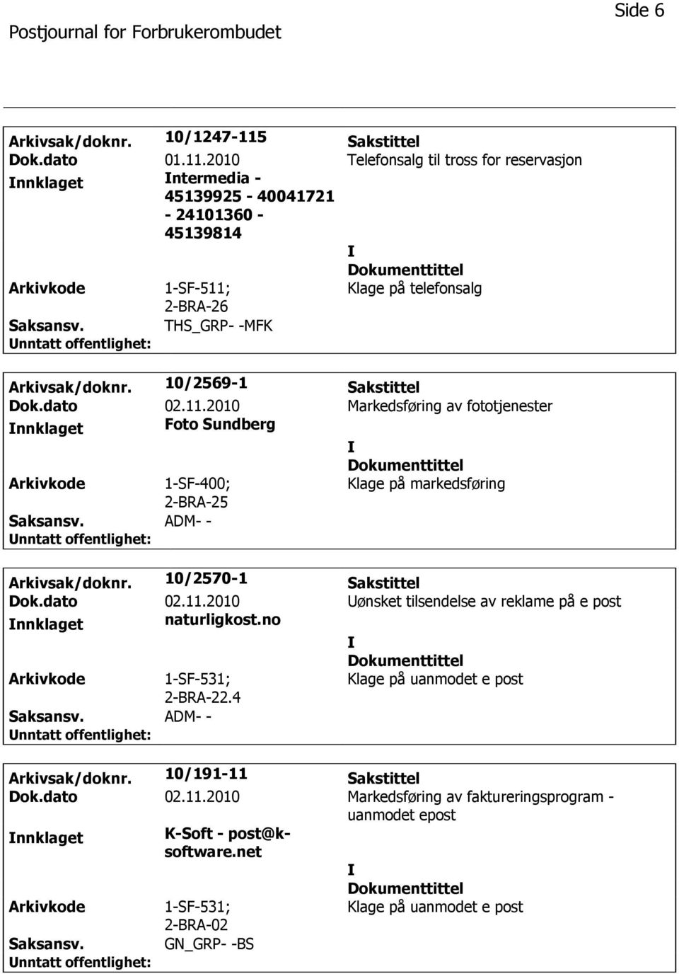 10/2569-1 Sakstittel Dok.dato 02.11.2010 Markedsføring av fototjenester Foto Sundberg 1-SF-400; Klage på markedsføring 2-BRA-25 ADM- - Arkivsak/doknr. 10/2570-1 Sakstittel Dok.