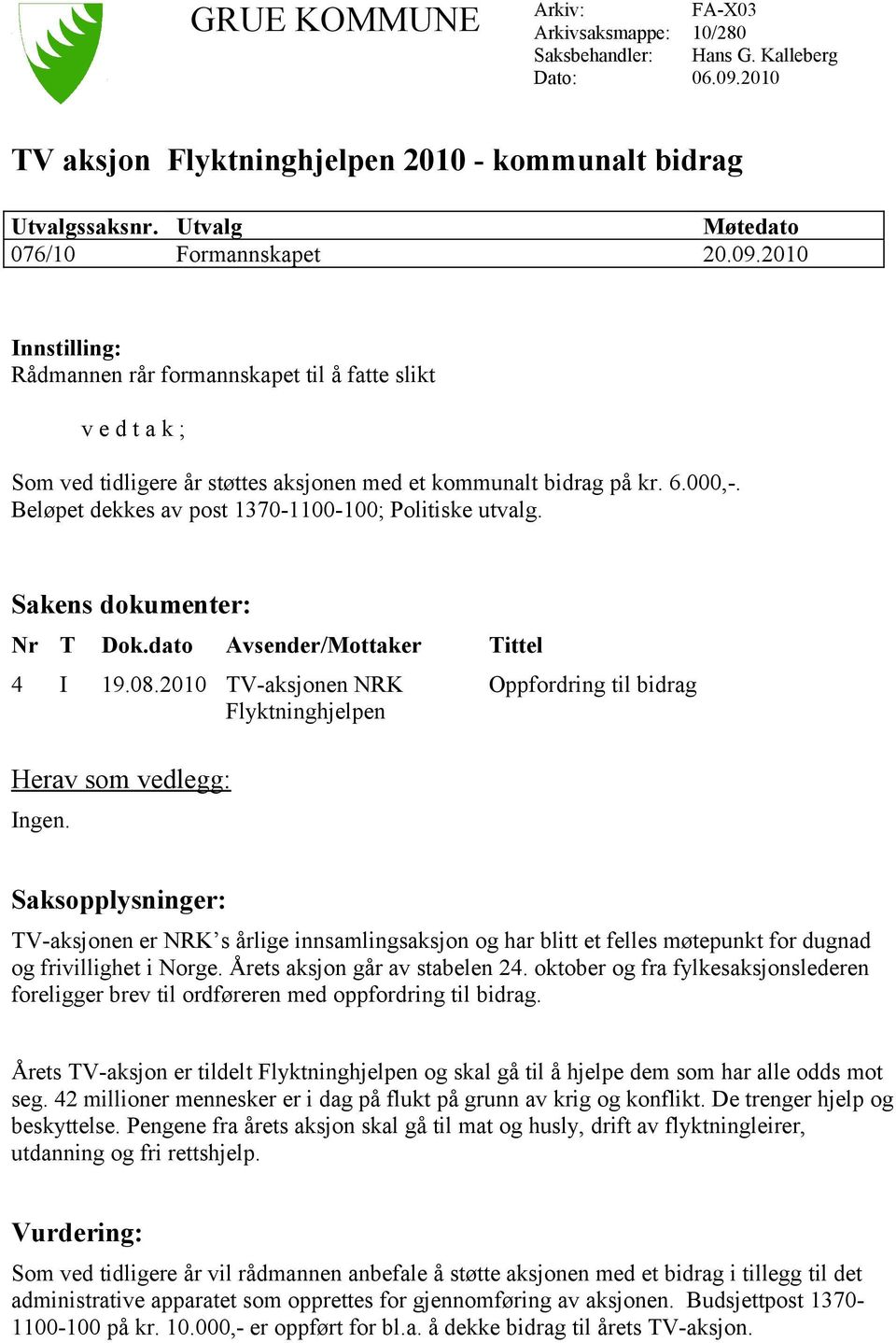 2010 Innstilling: Rådmannen rår formannskapet til å fatte slikt v e d t a k ; Som ved tidligere år støttes aksjonen med et kommunalt bidrag på kr. 6.000,-.