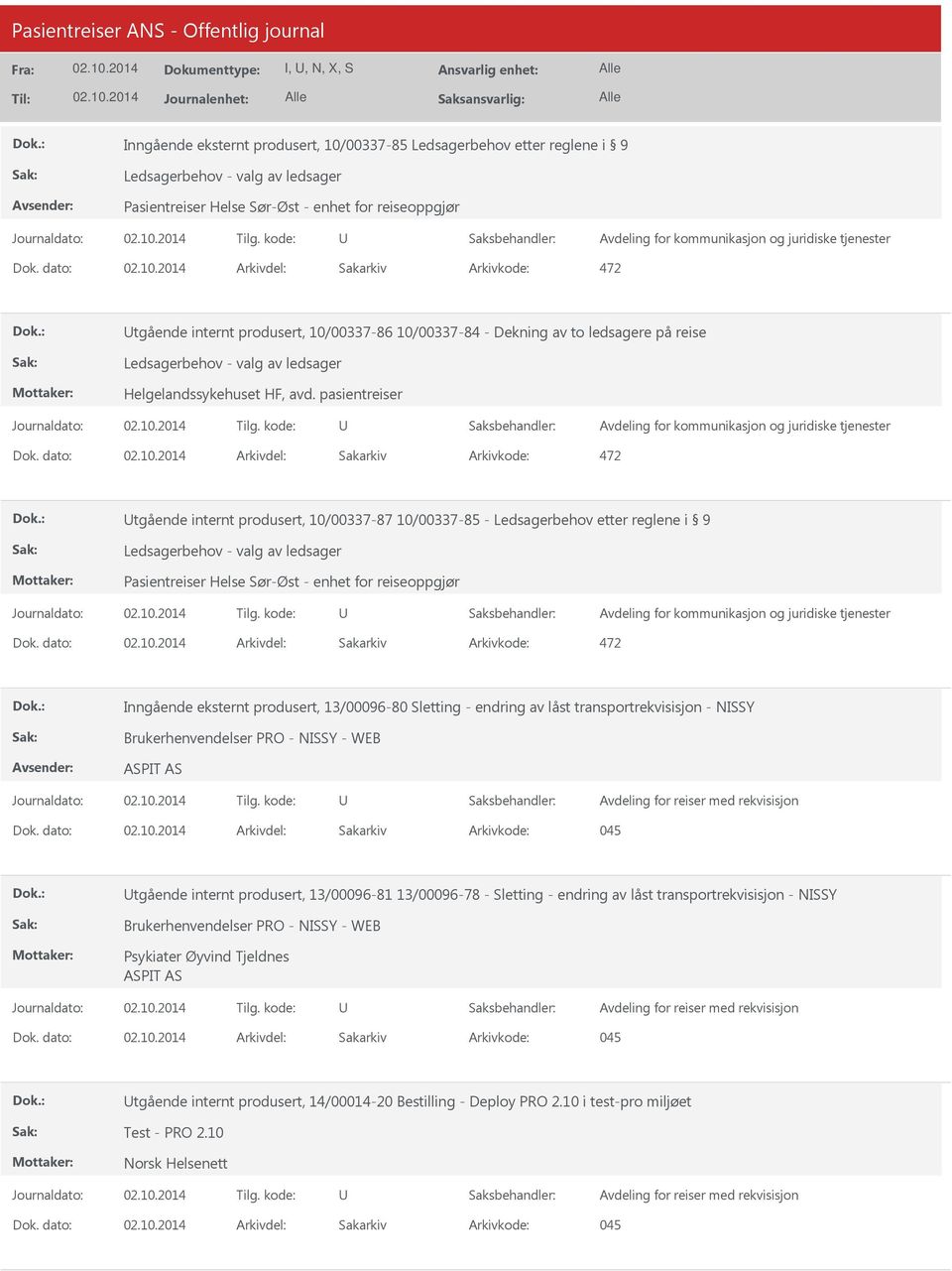 pasientreiser tgående internt produsert, 10/00337-87 10/00337-85 - Ledsagerbehov etter reglene i 9 Pasientreiser Helse Sør-Øst - enhet for reiseoppgjør Inngående eksternt produsert, 13/00096-80