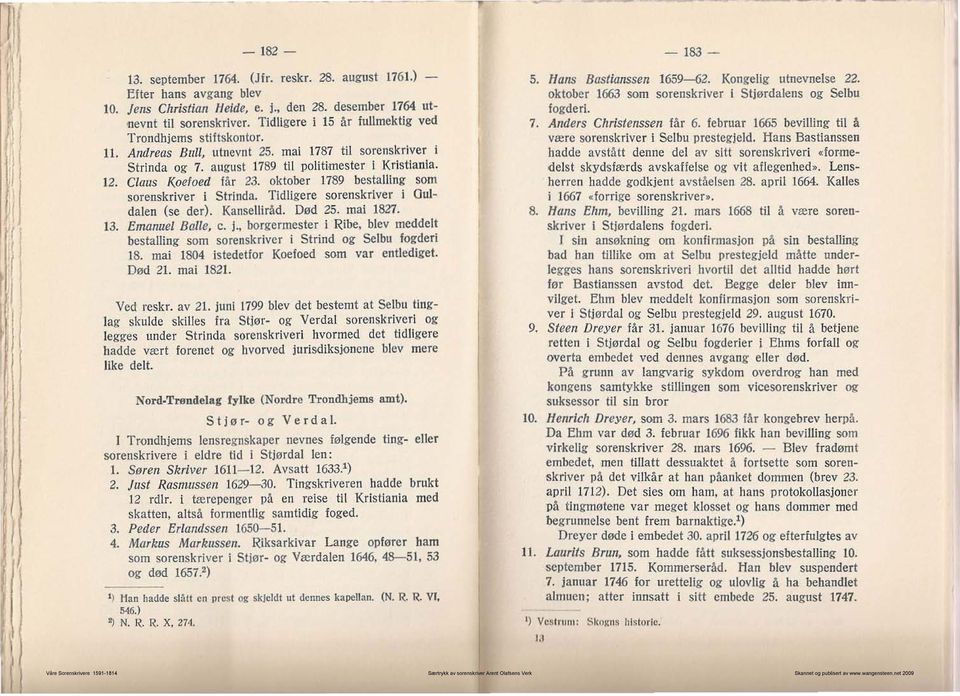 ok tober 1789 bestalling SGm sorenskriver i Strinda. T idligere sorenskriver i Ouldalen (se der). Kanselliråd. Død 25. mai 1827. 13. Emanuel Balle. c. i., borgermester i Ribe, blev meddelt bestalling som sorenskriver i Strind og Selbu fogderi 18.