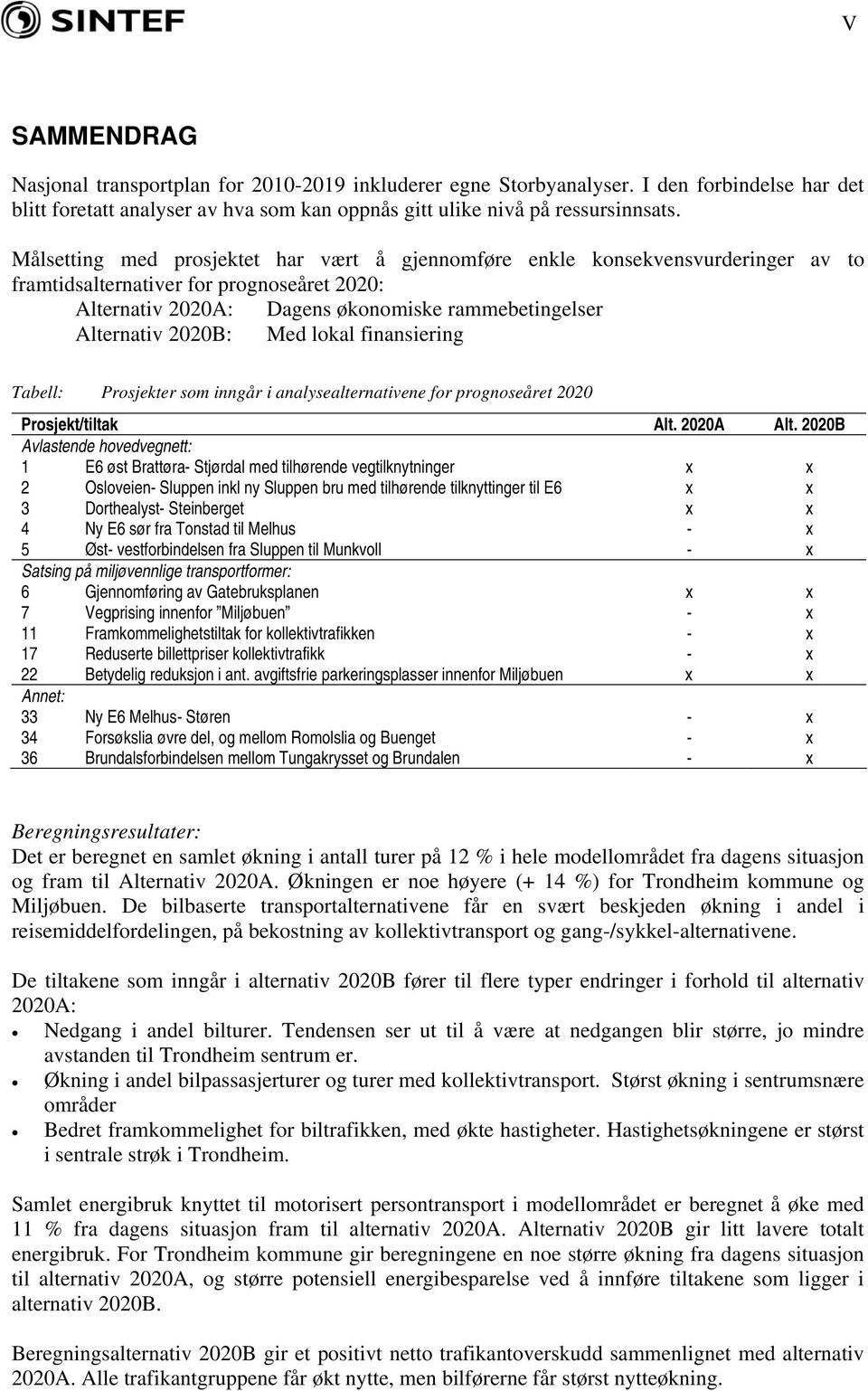 Med lokal finansiering Tabell: Prosjekter som inngår i analysealternativene for prognoseåret 2020 Prosjekt/tiltak Alt. 2020A Alt.