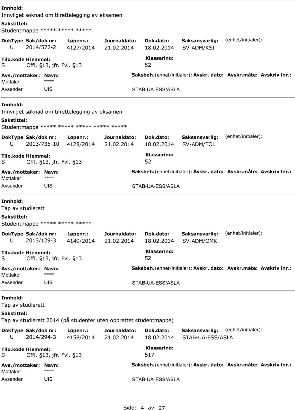 2013/735-10 4128/2014 V-ADM/TOL TAB-A-E/ALA tudentmappe ***** ***** ***** 2013/129-3 4149/2014 V-ADM/OMK