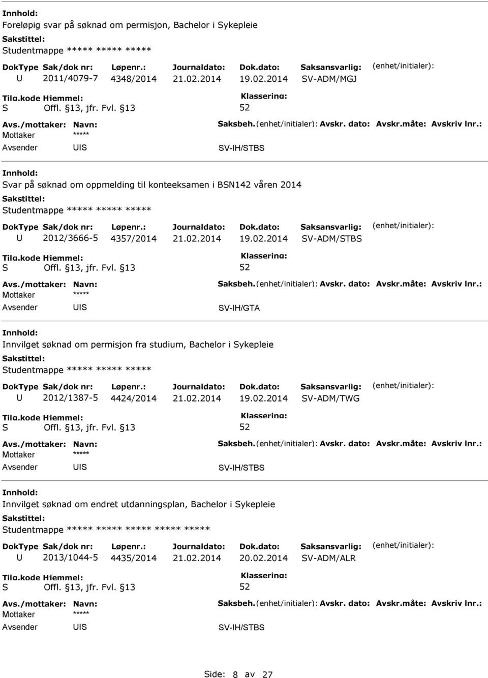 søknad om permisjon fra studium, Bachelor i ykepleie tudentmappe ***** ***** ***** 2012/1387-5 4424/2014 V-ADM/TWG V-H/TB nnvilget