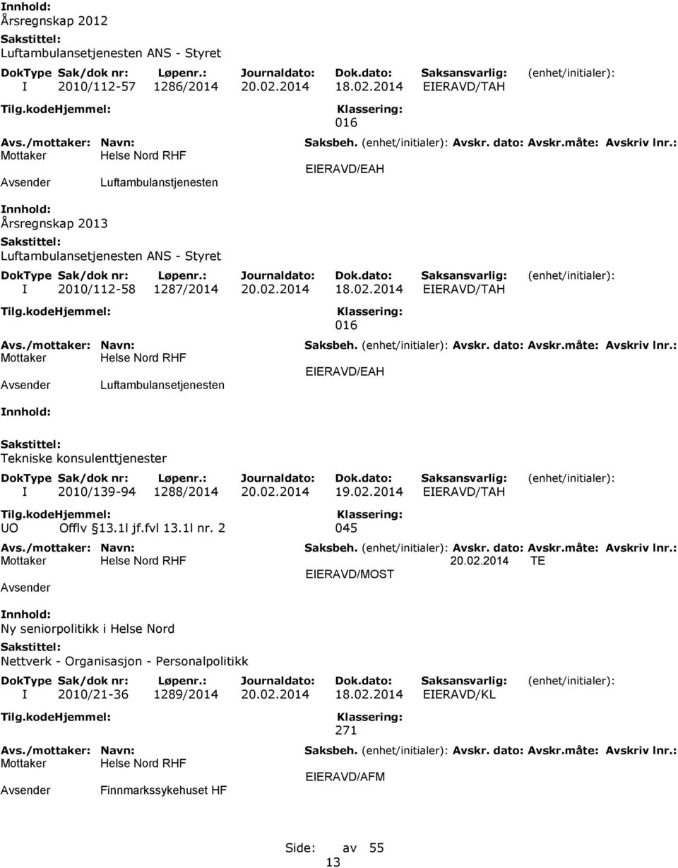 02.2014 19.02.2014 EIERAVD/TAH UO Offlv 13.1l jf.fvl 13.1l nr. 2 045 20.02.2014 TE Ny seniorpolitikk i Helse Nord Nettverk - Organisasjon - Personalpolitikk I 2010/21-36 1289/2014 20.