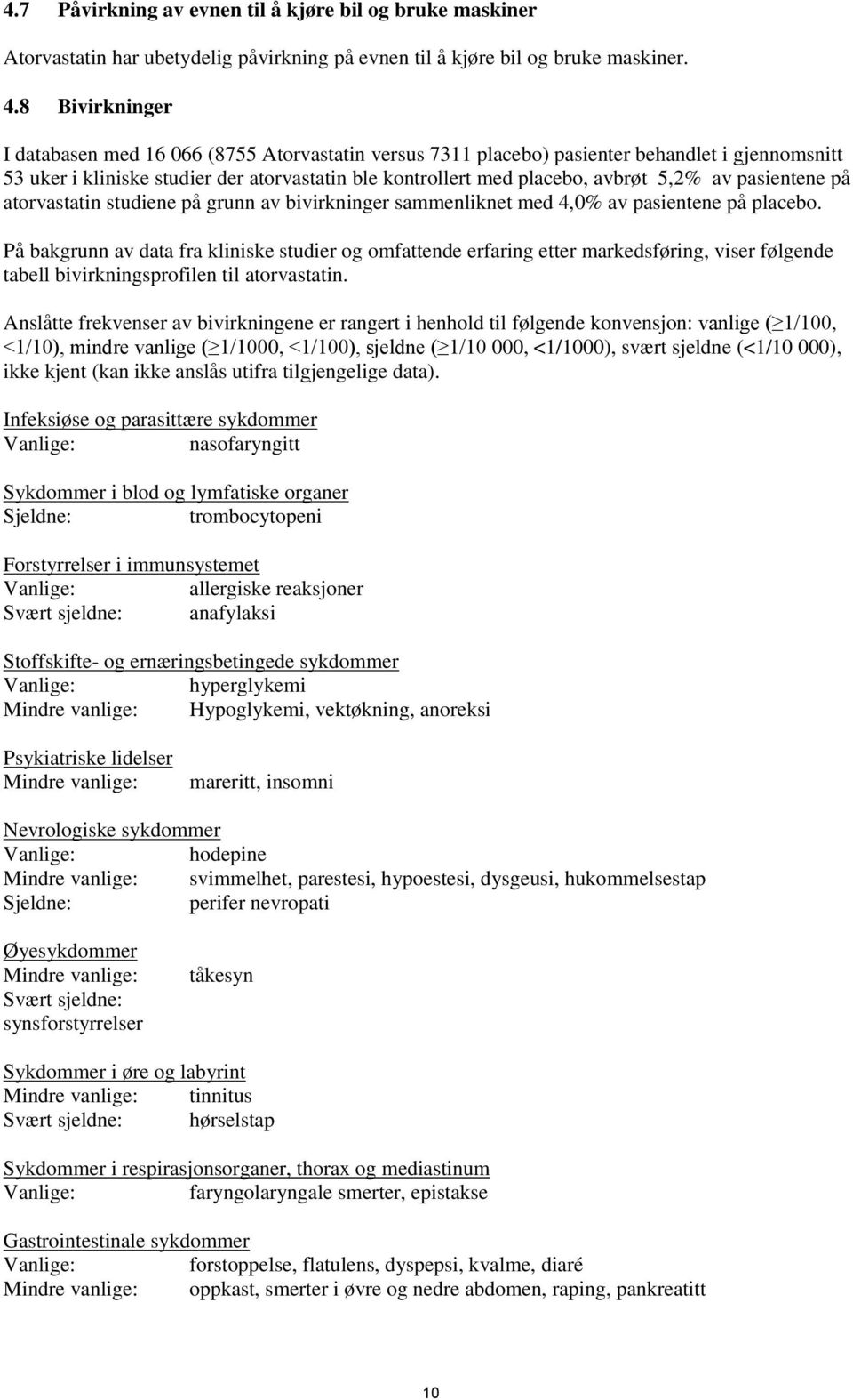 av pasientene på atorvastatin studiene på grunn av bivirkninger sammenliknet med 4,0% av pasientene på placebo.