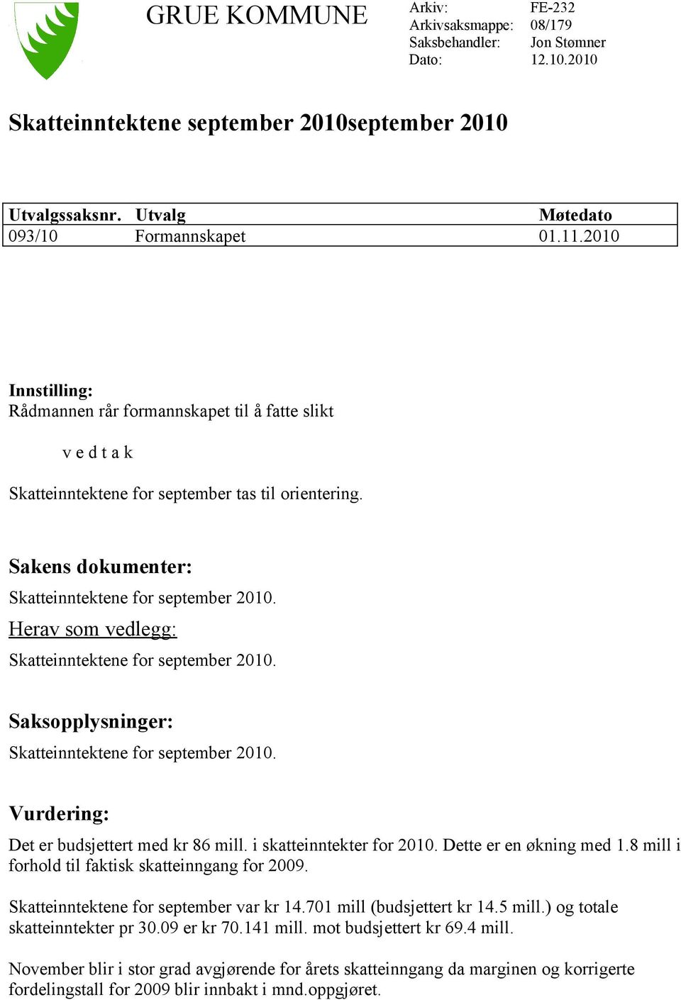 Herav som vedlegg: Skatteinntektene for september 2010. Saksopplysninger: Skatteinntektene for september 2010. Vurdering: Det er budsjettert med kr 86 mill. i skatteinntekter for 2010.