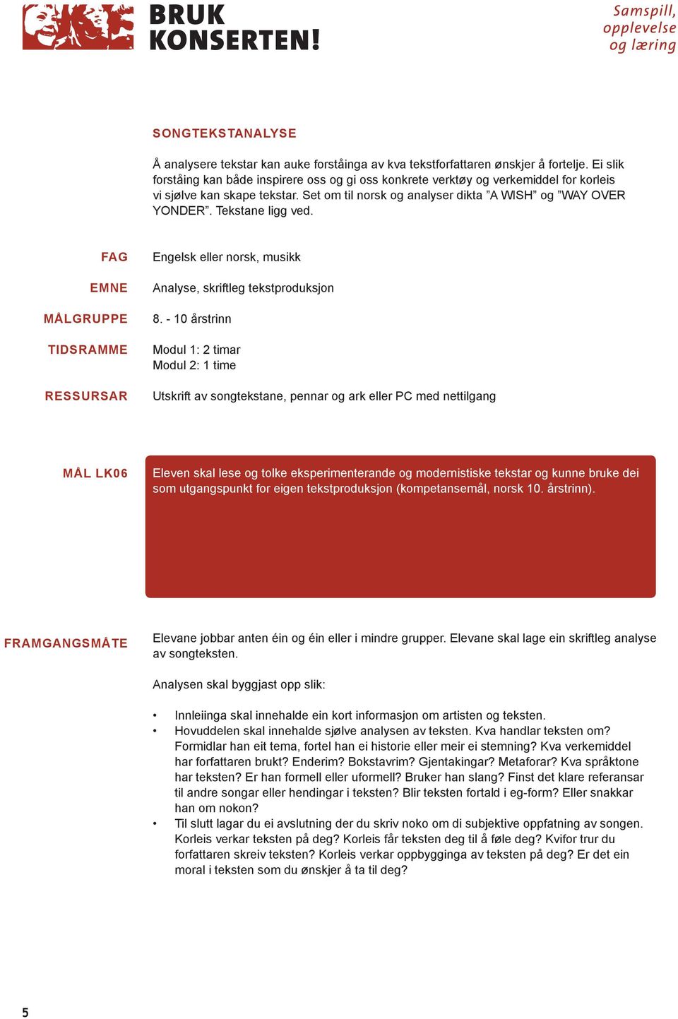 Tekstane ligg ved. Fag Emne Målgruppe Tidsramme Ressursar Engelsk eller norsk, musikk Analyse, skriftleg tekstproduksjon 8.