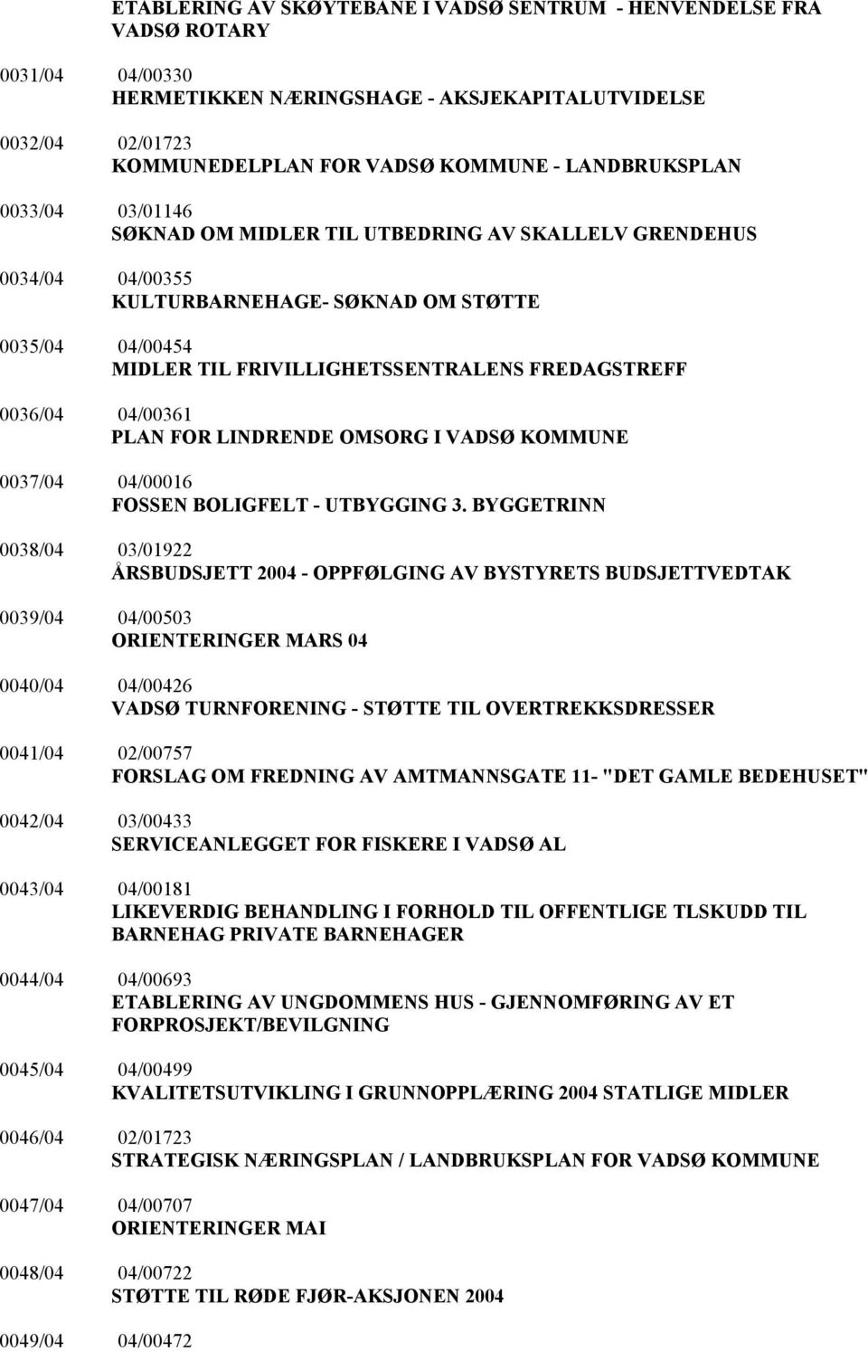 0036/04 04/00361 PLAN FOR LINDRENDE OMSORG I VADSØ KOMMUNE 0037/04 04/00016 FOSSEN BOLIGFELT - UTBYGGING 3.