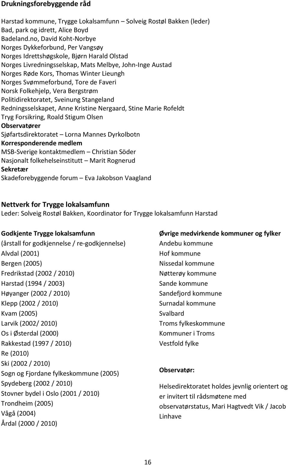 Norges Svømmeforbund, Tore de Faveri Norsk Folkehjelp, Vera Bergstrøm Politidirektoratet, Sveinung Stangeland Redningsselskapet, Anne Kristine Nergaard, Stine Marie Rofeldt Tryg Forsikring, Roald