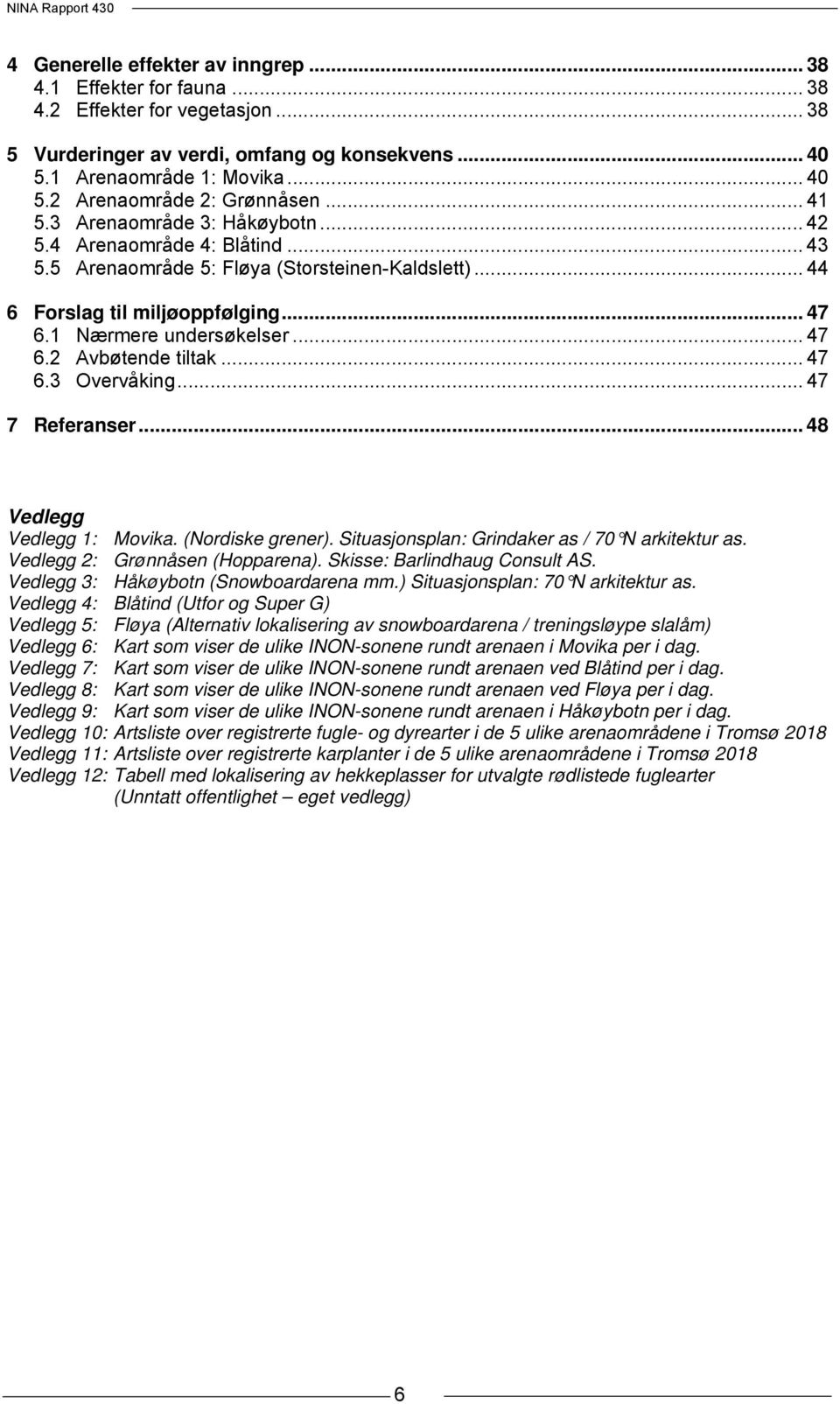 .. 47 6.3 Overvåking... 47 7 Referanser... 48 Vedlegg Vedlegg 1: Movika. (Nordiske grener). Situasjonsplan: Grindaker as / 70 N arkitektur as. Vedlegg 2: Grønnåsen (Hopparena).