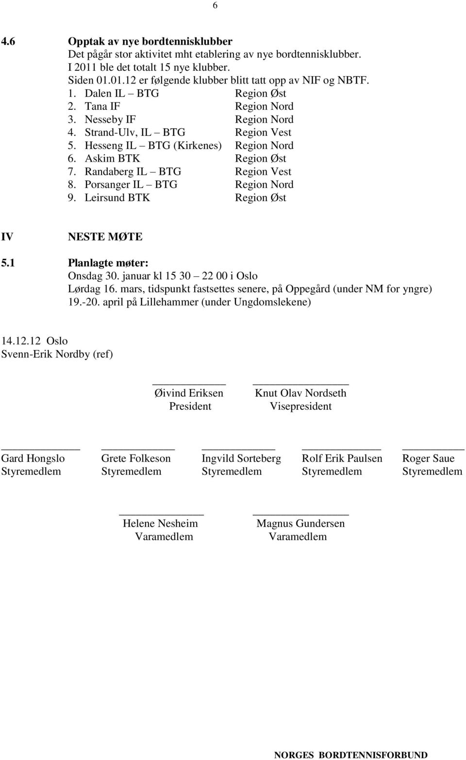 Randaberg IL BTG Region Vest 8. Porsanger IL BTG Region Nord 9. Leirsund BTK Region Øst IV NESTE MØTE 5.1 Planlagte møter: Onsdag 30. januar kl 15 30 22 00 i Oslo Lørdag 16.