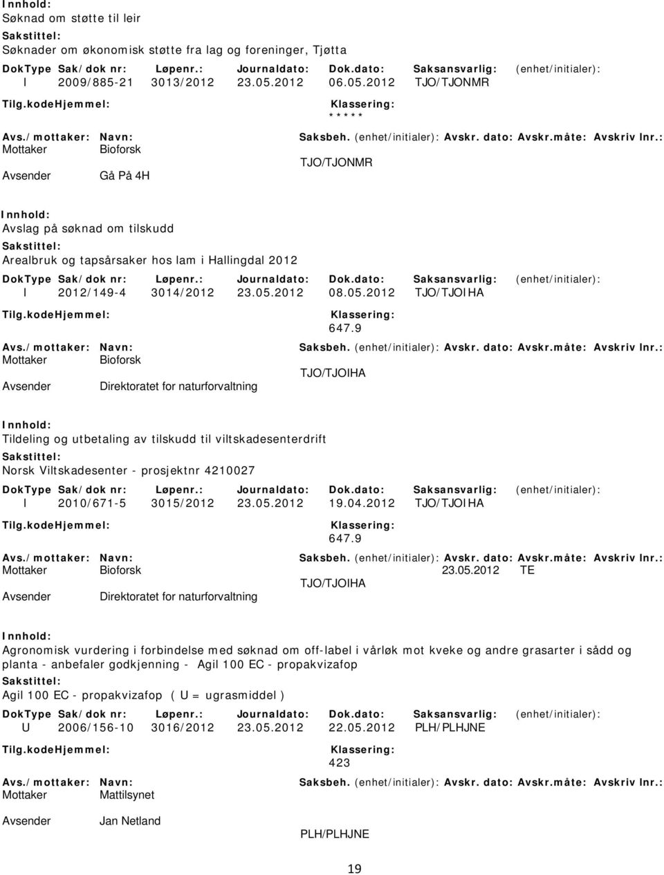 9 TJO/TJOIHA Direktoratet for naturforvaltning Tildeling og utbetaling av tilskudd til viltskadesenterdrift Norsk Viltskadesenter - prosjektnr 4210027 I 2010/671-5 3015/2012 23.05.2012 19.04.