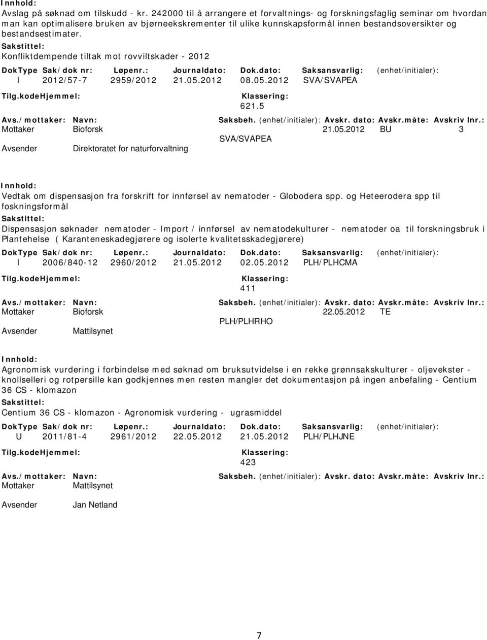 bestandsestimater. Konfliktdempende tiltak mot rovviltskader - 2012 I 2012/57-7 2959/2012 21.05.