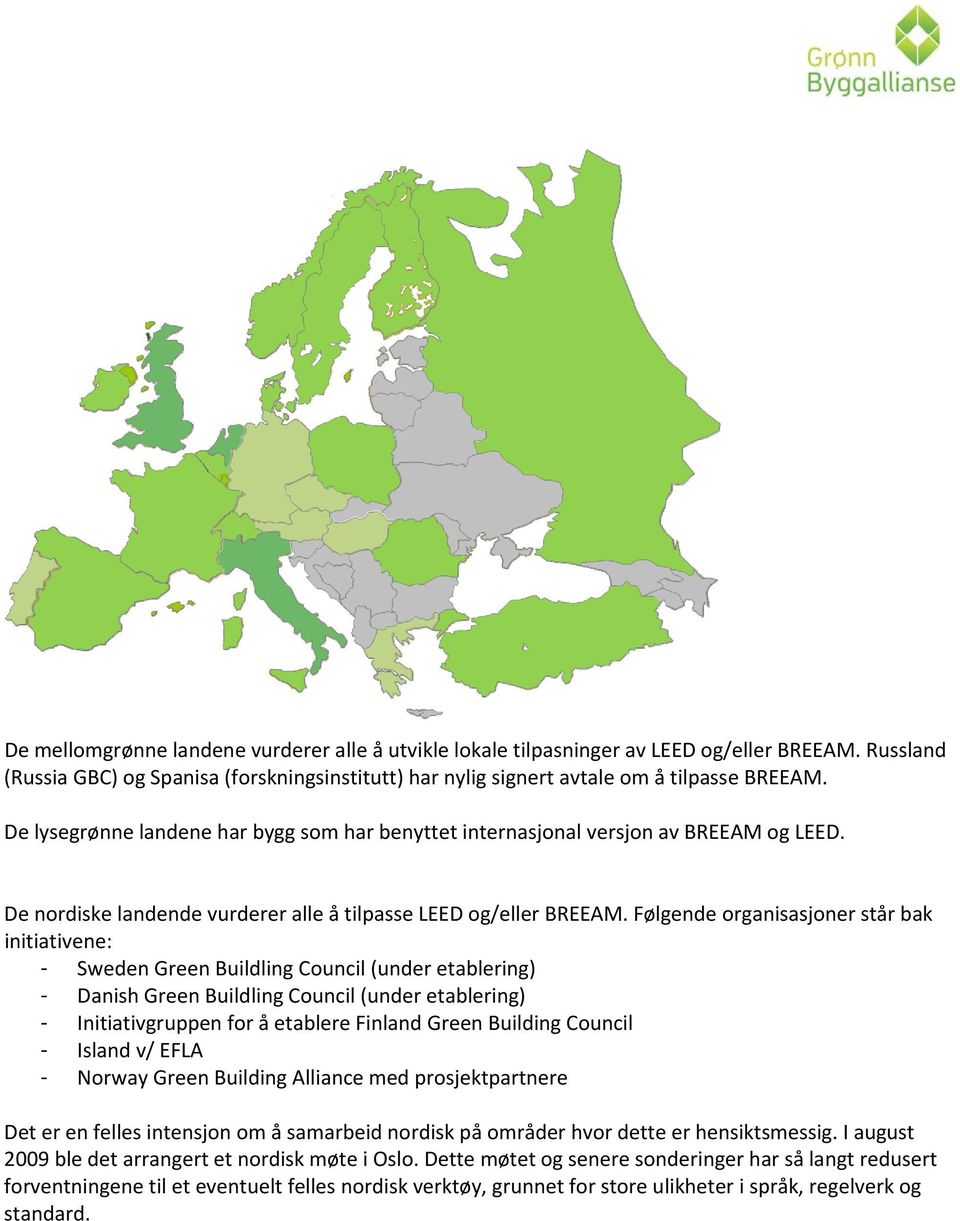 Følgende organisasjoner står bak initiativene: - Sweden Green Buildling Council (under etablering) - Danish Green Buildling Council (under etablering) - Initiativgruppen for å etablere Finland Green