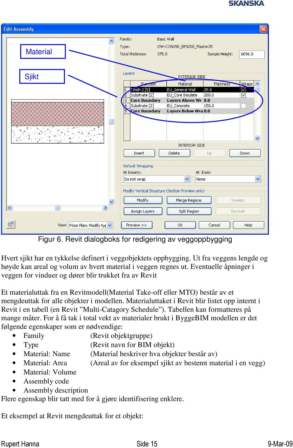 Eventuelle åpninger i veggen for vinduer og dører blir trukket fra av Revit Et materialuttak fra en Revitmodell(Material Take-off eller MTO) består av et mengdeuttak for alle objekter i modellen.