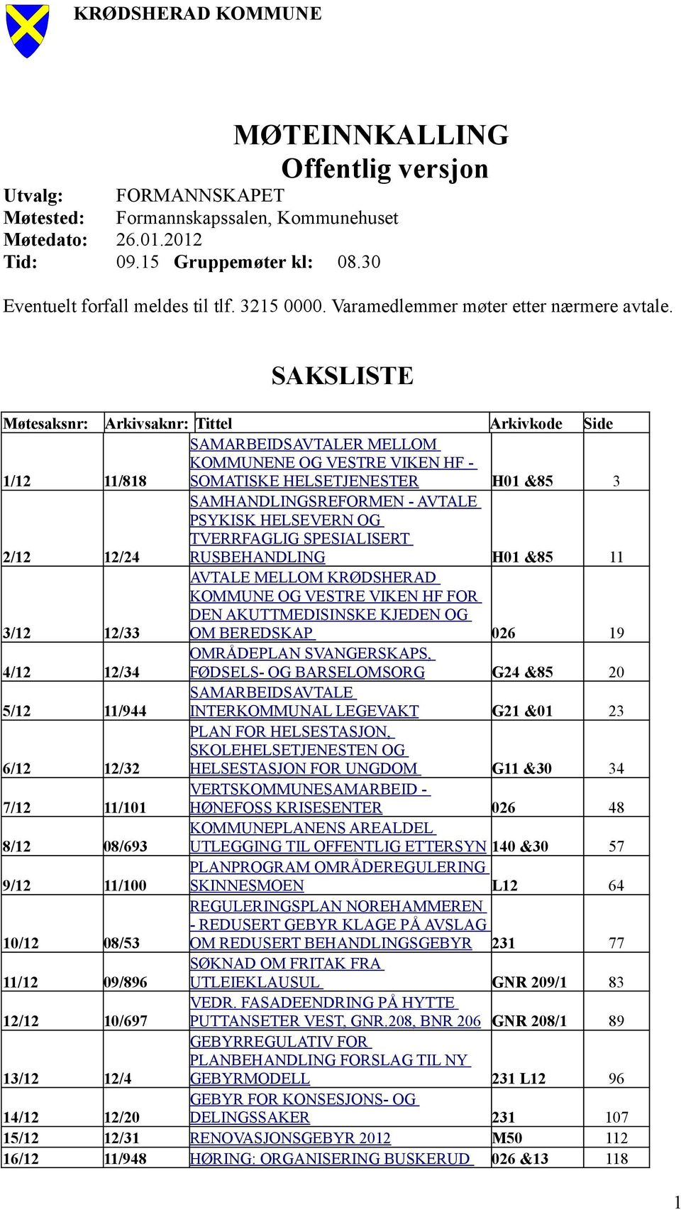 SAKSLISTE Møtesaksnr: Arkivsaknr: Tittel Arkivkode SAMARBEIDSAVTALER MELLOM KOMMUNENE OG VESTRE VIKEN HF 1/12 11/818 SOMATISKE HELSETJENESTER H01 &85 SAMHANDLINGSREFORMEN - AVTALE PSYKISK HELSEVERN