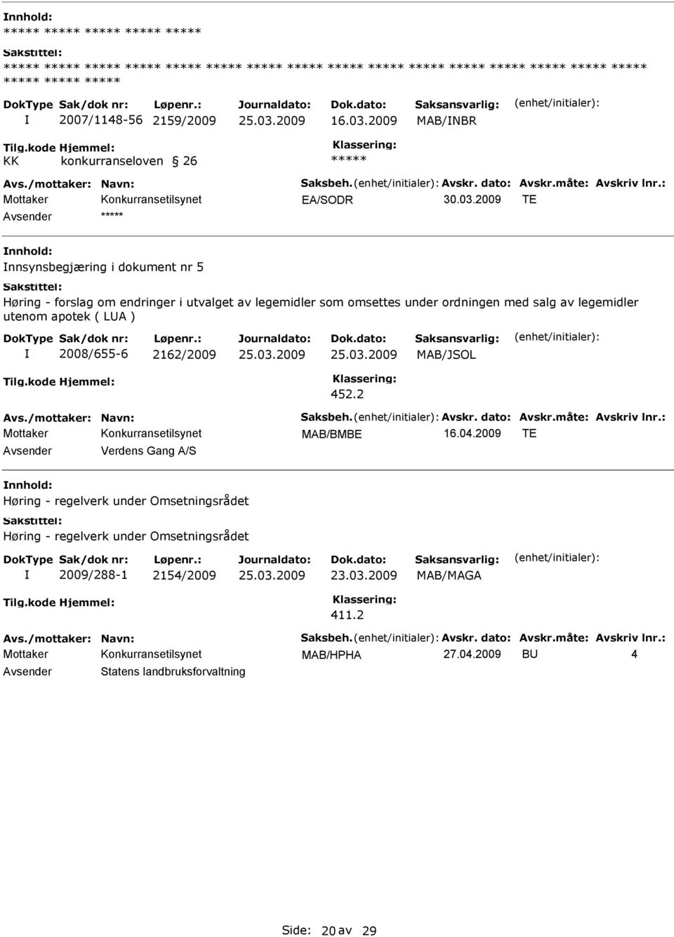 2009 TE Avsender ***** nnsynsbegjæring i dokument nr 5 Høring - forslag om endringer i utvalget av legemidler som omsettes under ordningen med salg av legemidler utenom apotek (