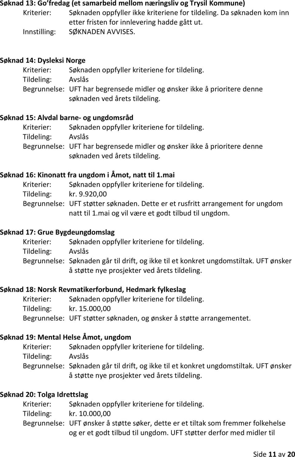 Søknad 15: Alvdal barne- og ungdomsråd Begrunnelse: UFT har begrensede midler og ønsker ikke å prioritere denne søknaden ved årets tildeling. Søknad 16: Kinonatt fra ungdom i Åmot, natt til 1.