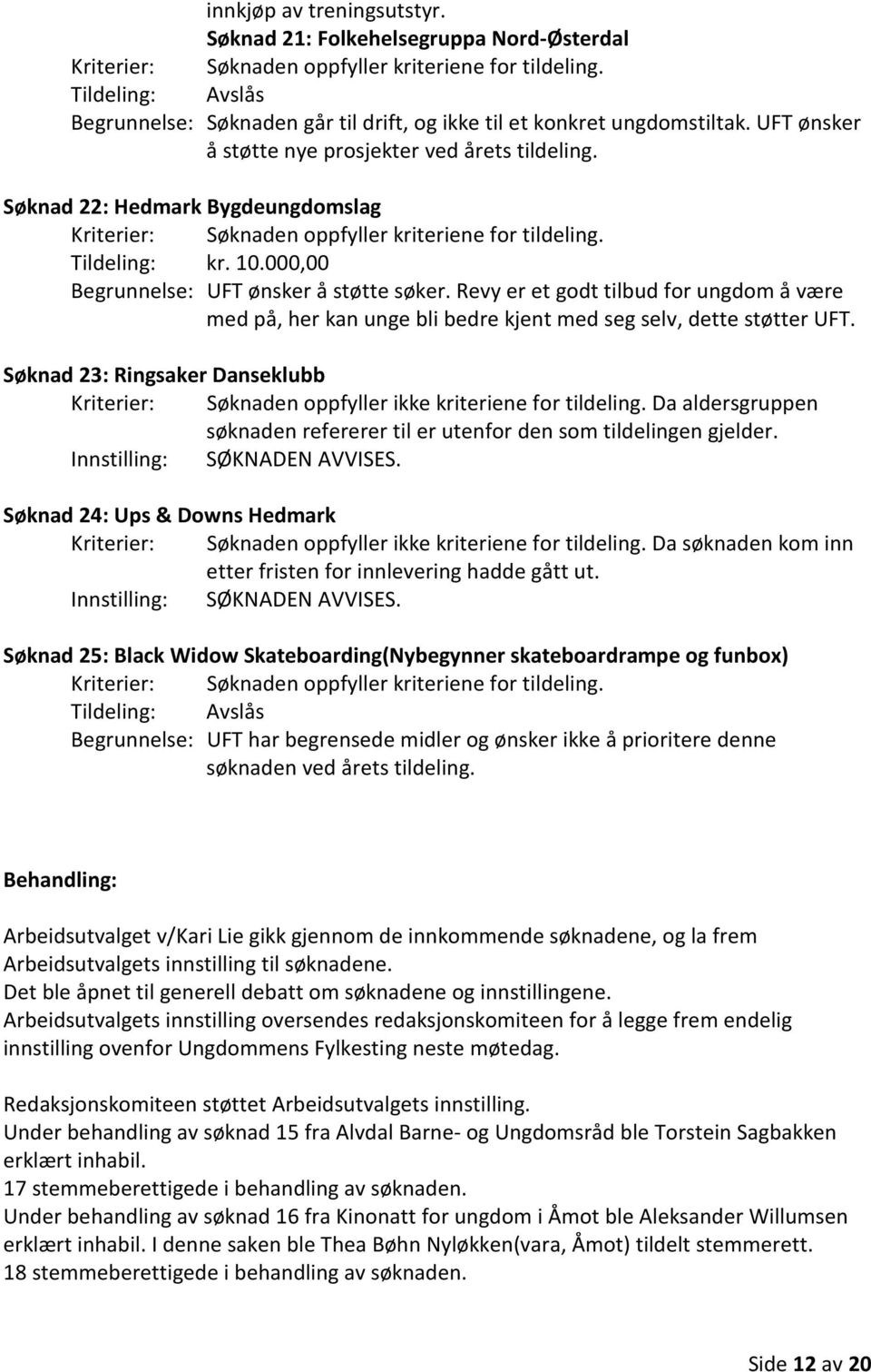 Søknad 23: Ringsaker Danseklubb Kriterier: Søknaden oppfyller ikke kriteriene for tildeling. Da aldersgruppen søknaden refererer til er utenfor den som tildelingen gjelder.