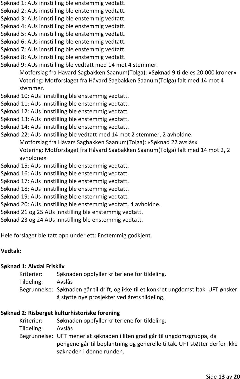 Søknad 9: AUs innstilling ble vedtatt med 14 mot 4 stemmer. Motforslag fra Håvard Sagbakken Saanum(Tolga): «Søknad 9 tildeles 20.