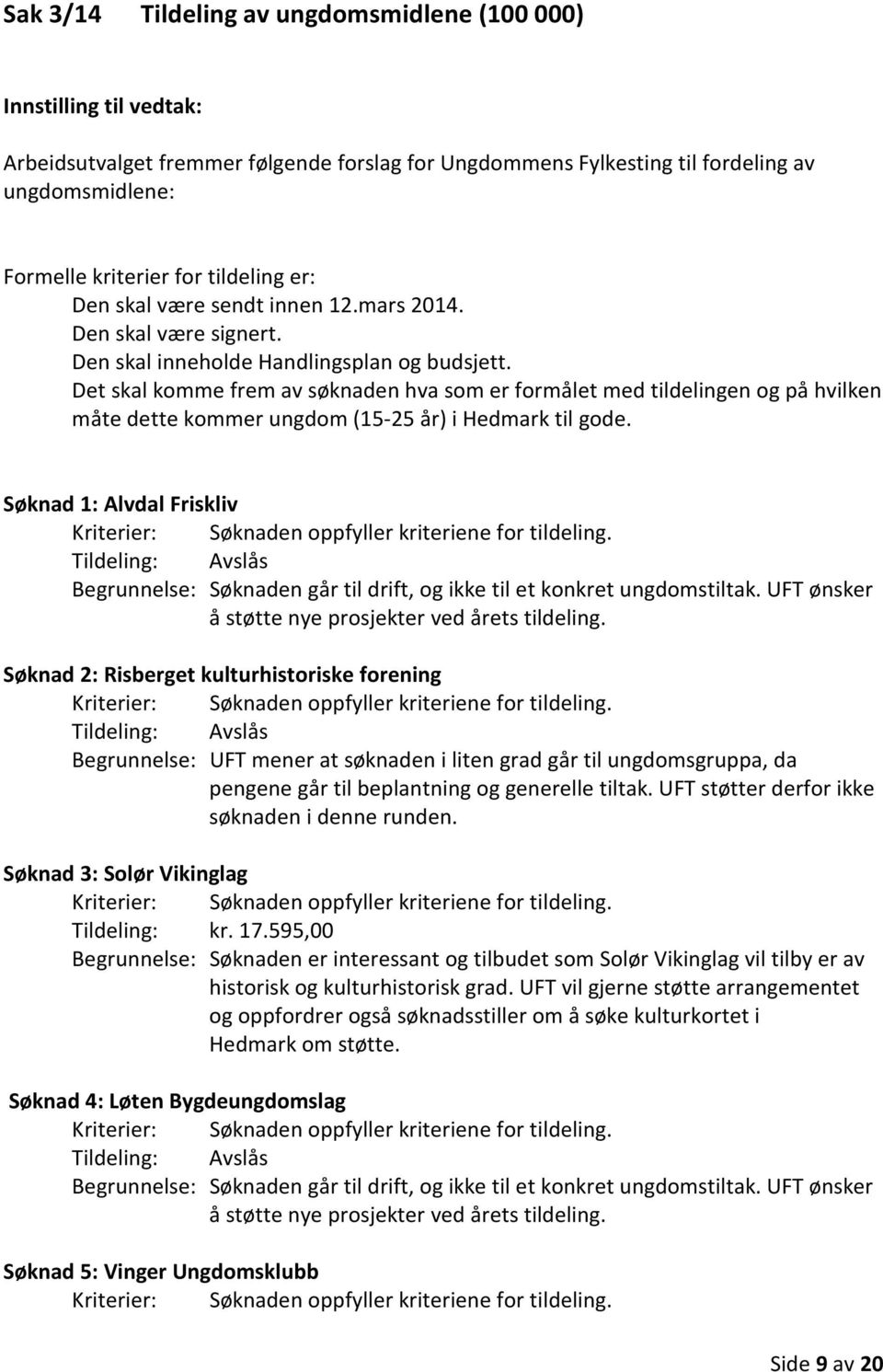 Det skal komme frem av søknaden hva som er formålet med tildelingen og på hvilken måte dette kommer ungdom (15-25 år) i Hedmark til gode.