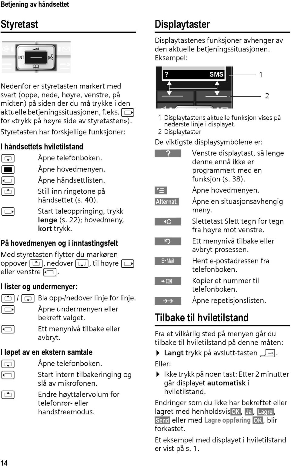 v for «trykk på høyre side av styretasten»). Styretasten har forskjellige funksjoner: I håndsettets hviletilstand s Åpne telefonboken. w Åpne hovedmenyen. u Åpne håndsettlisten.