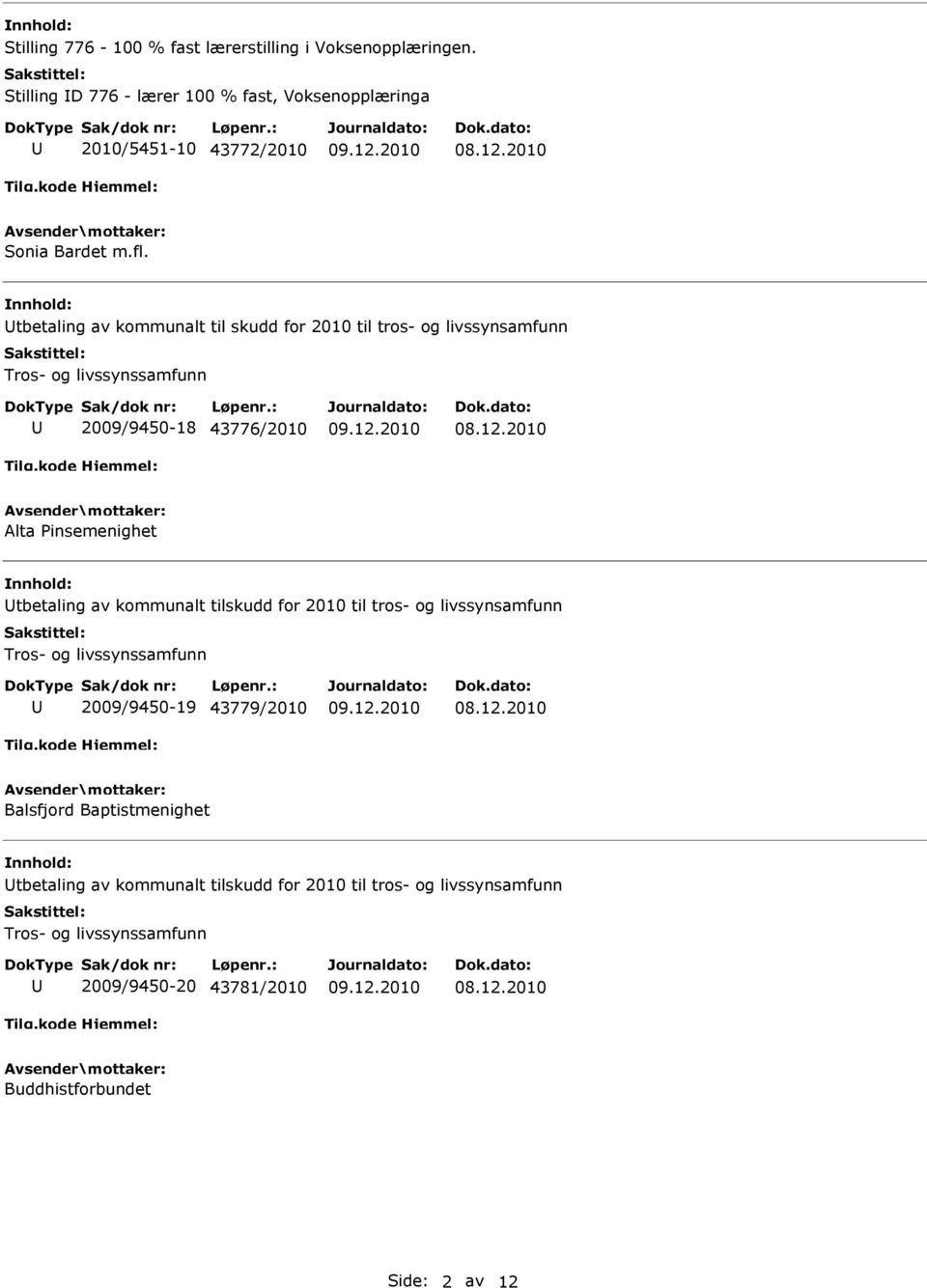 tbetaling av kommunalt til skudd for 2010 til tros- og livssynsamfunn 2009/9450-18 43776/2010 Alta Pinsemenighet tbetaling av