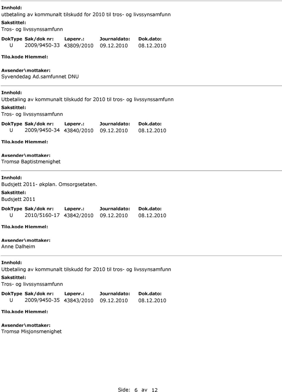 Baptistmenighet Budsjett 2011- økplan. Omsorgsetaten.